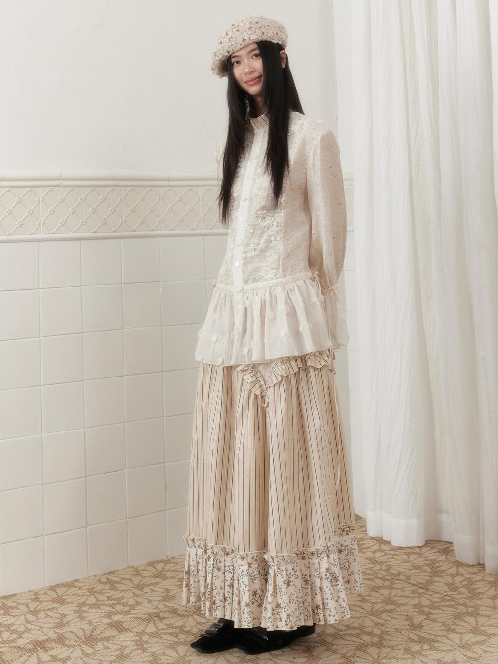 SENSELF Ivory Polka Dot Sequin Embroidered Lace Bell Sleeve Women's Oversized Shirts