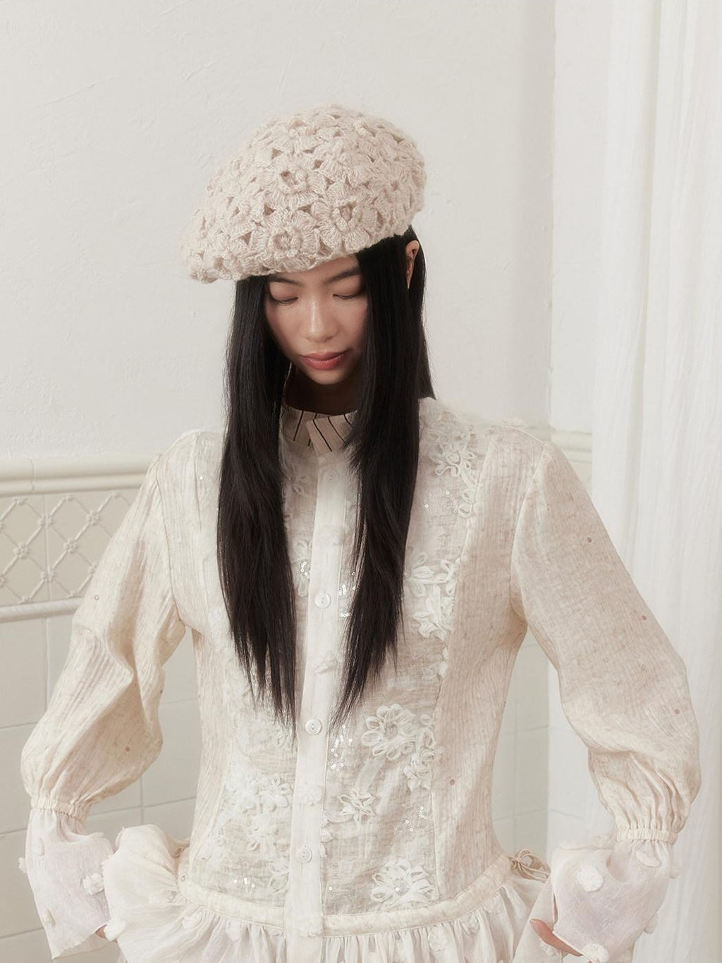 SENSELF Ivory Polka Dot Sequin Embroidered Lace Bell Sleeve Women's Oversized Shirts