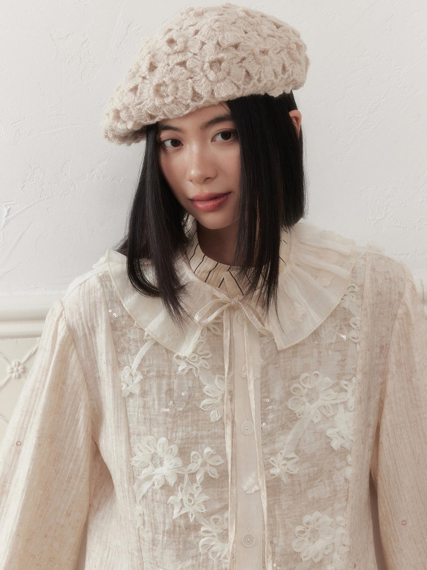 SENSELF Ivory Polka Dot Sequin Embroidered Lace Bell Sleeve Women's Oversized Shirts