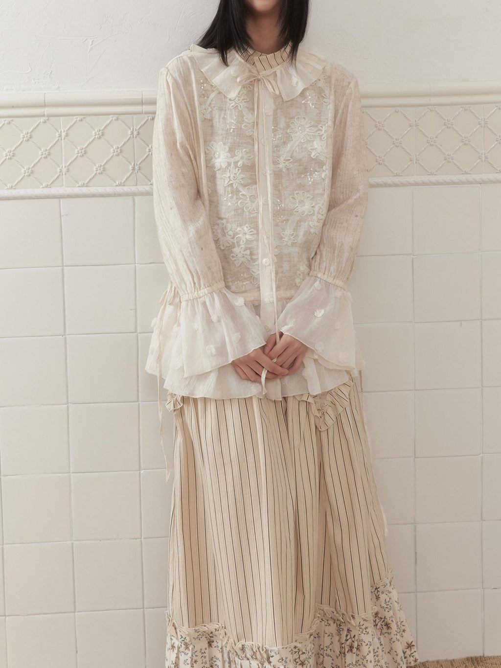 SENSELF Ivory Polka Dot Sequin Embroidered Lace Bell Sleeve Women's Oversized Shirts