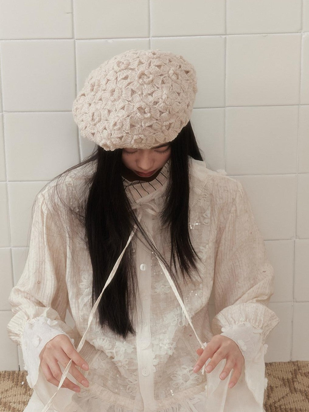 SENSELF Ivory Polka Dot Sequin Embroidered Lace Bell Sleeve Women's Oversized Shirts