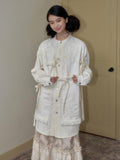 SENSELF Ivory Striped Detachable Bow Stand Collar Women's Tie-front Shirts