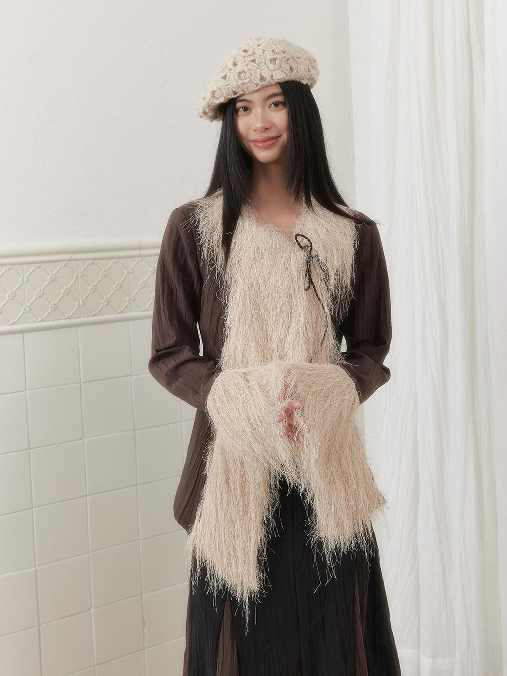 SENSELF Khaki Brown Pleated Slanted Placket Tassel Tie Cinch Waist Women's Shirts