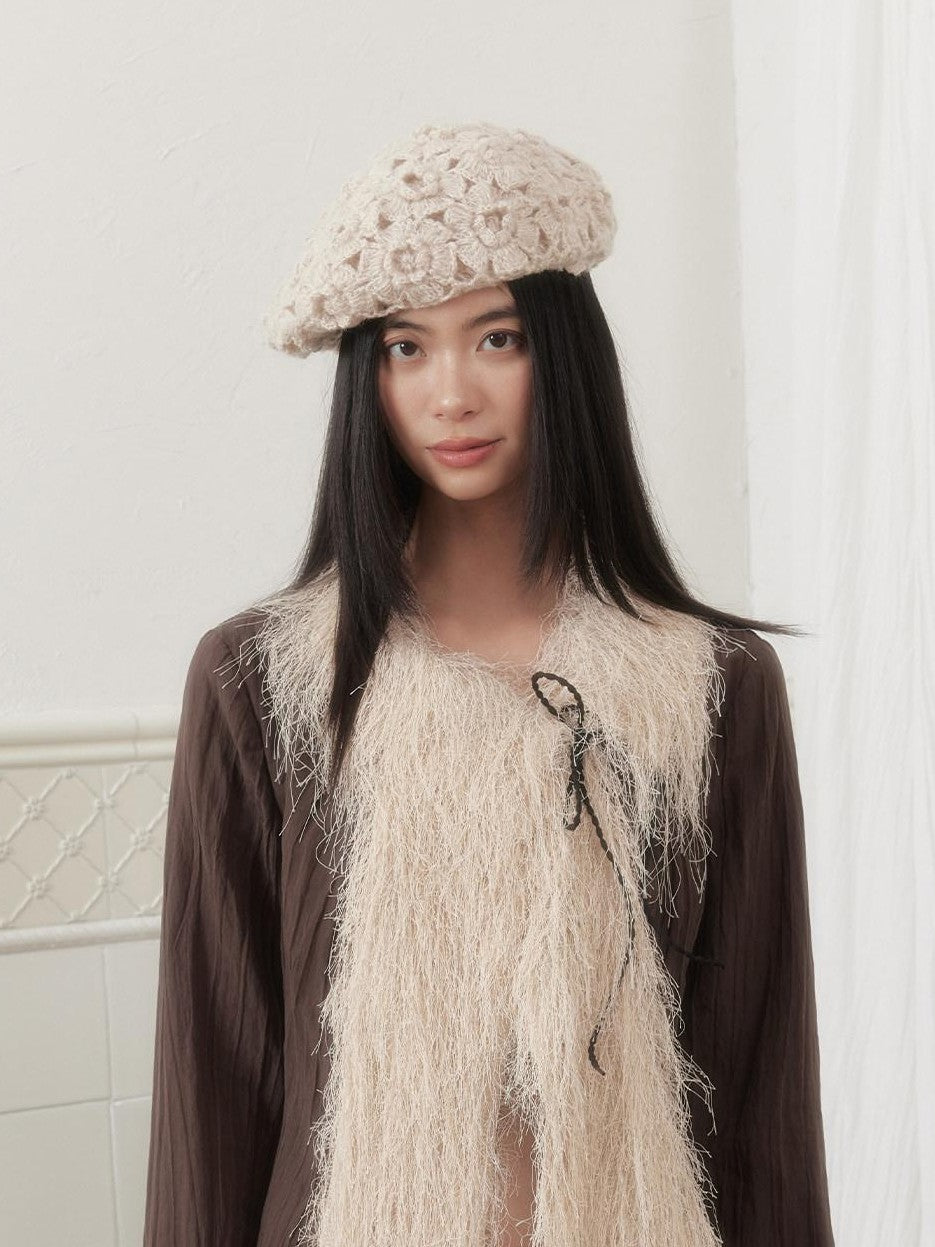 SENSELF Khaki Brown Pleated Slanted Placket Tassel Tie Cinch Waist Women's Shirts