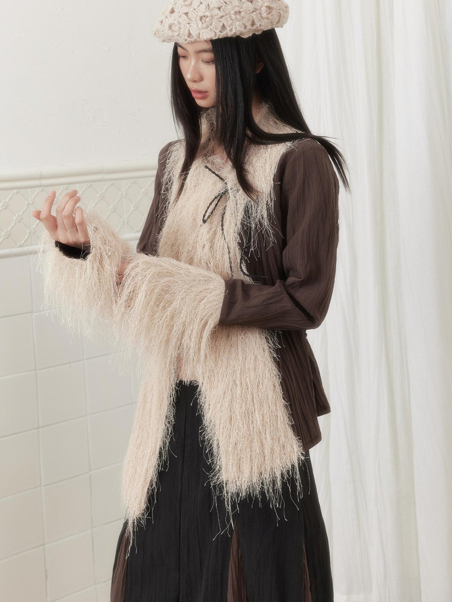 SENSELF Khaki Brown Pleated Slanted Placket Tassel Tie Cinch Waist Women's Shirts
