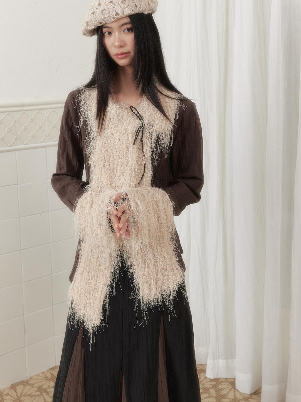 SENSELF Khaki Brown Pleated Slanted Placket Tassel Tie Cinch Waist Women's Shirts