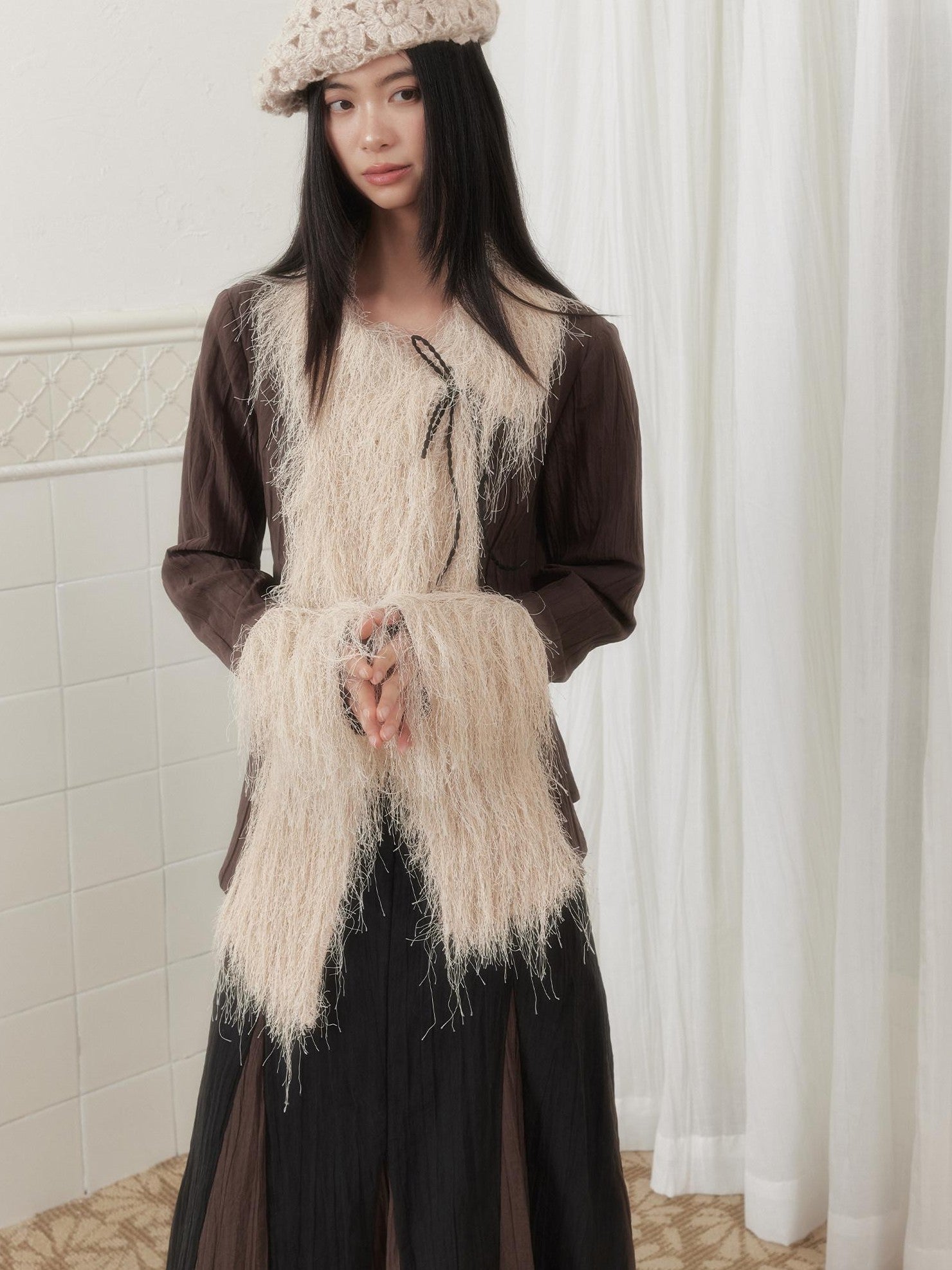 SENSELF Khaki Brown Pleated Slanted Placket Tassel Tie Cinch Waist Women's Shirts