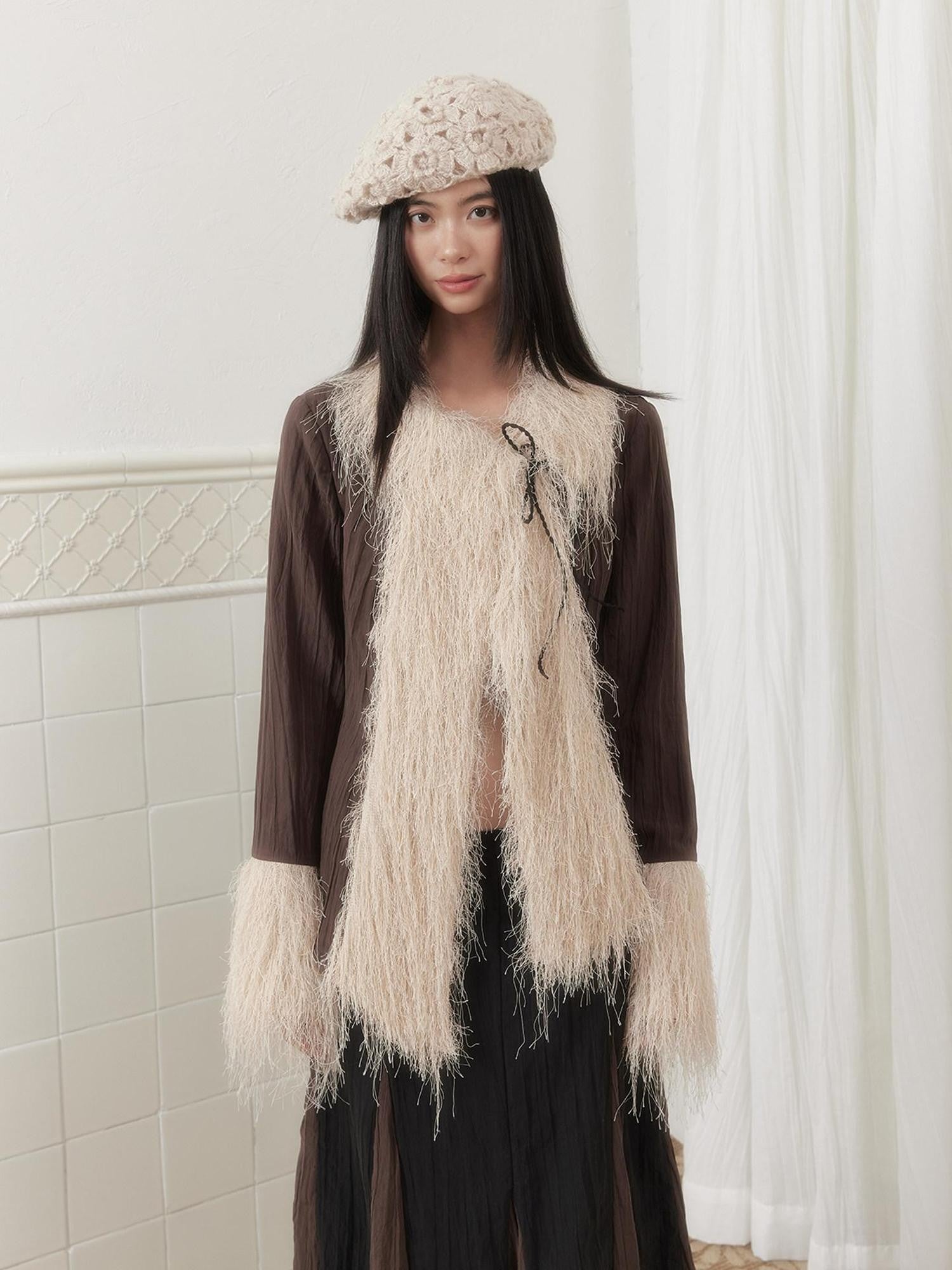 SENSELF Khaki Brown Pleated Slanted Placket Tassel Tie Cinch Waist Women's Shirts