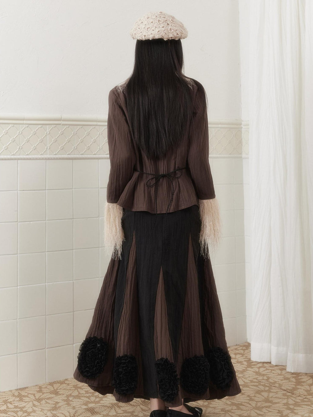 SENSELF Khaki Brown Pleated Slanted Placket Tassel Tie Cinch Waist Women's Shirts
