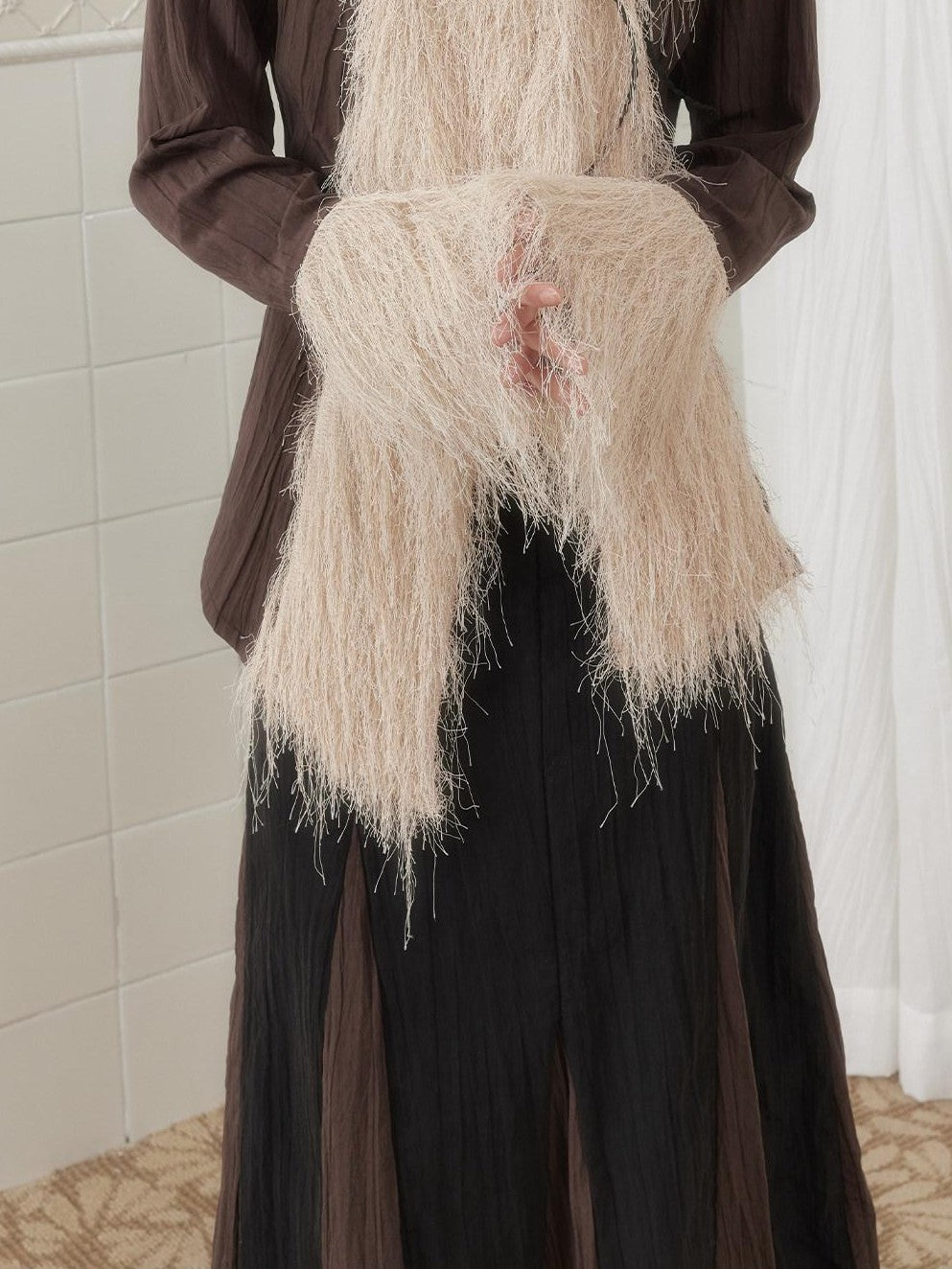 SENSELF Khaki Brown Pleated Slanted Placket Tassel Tie Cinch Waist Women's Shirts