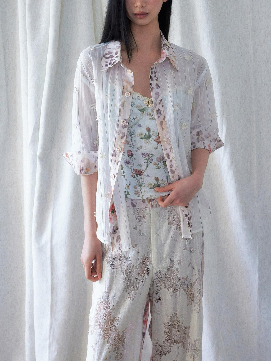 SENSELF Leopard Floral 3d Embroidery Stripe Patchwork White Pink Women's Sheer Shirts