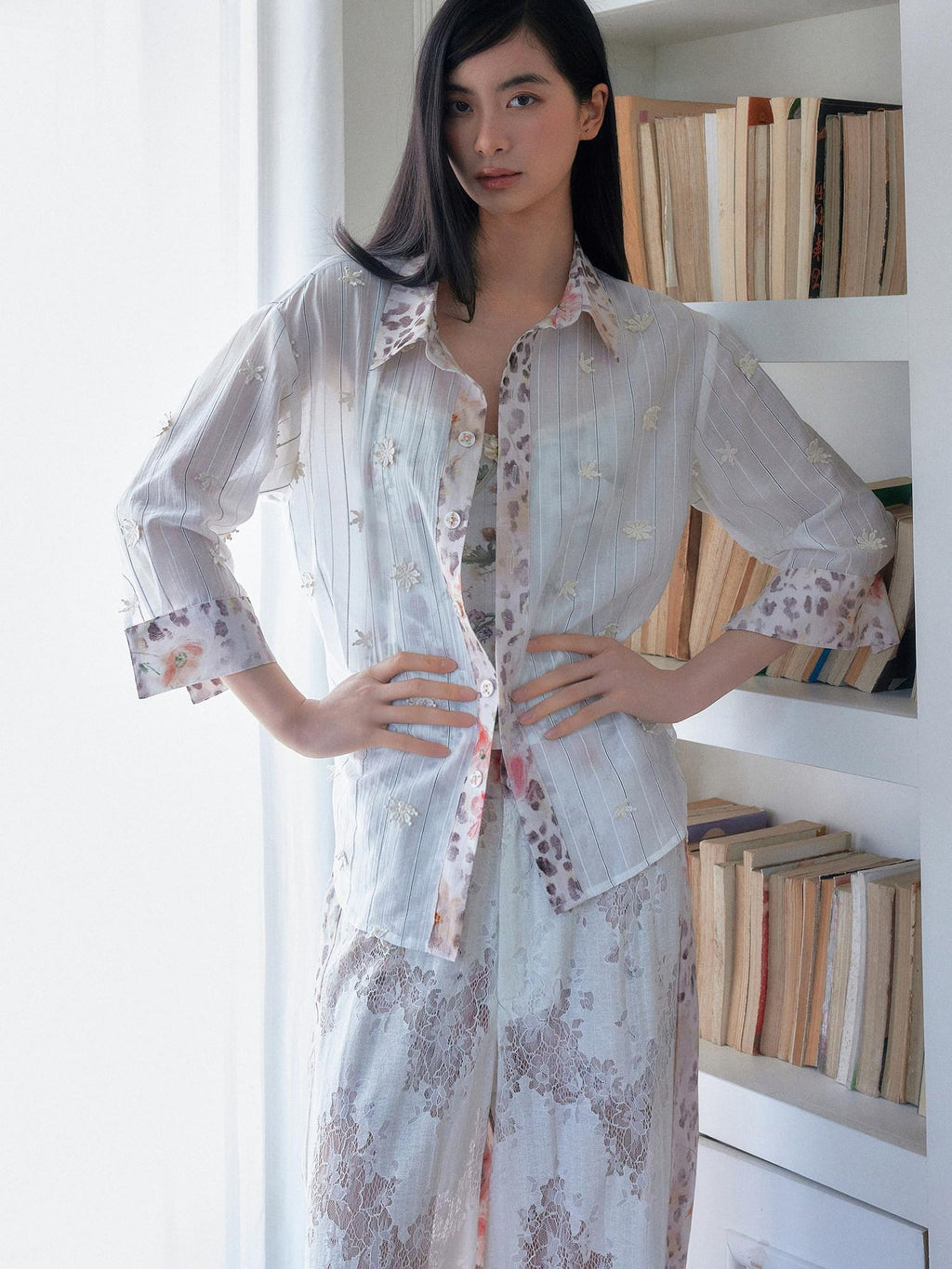 SENSELF Leopard Floral 3d Embroidery Stripe Patchwork White Pink Women's Sheer Shirts