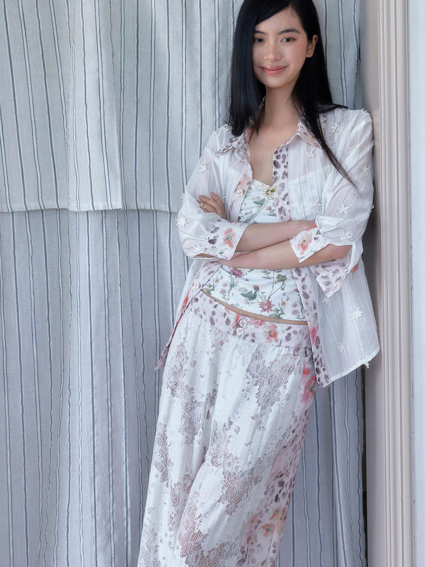 SENSELF Leopard Floral 3d Embroidery Stripe Patchwork White Pink Women's Sheer Shirts