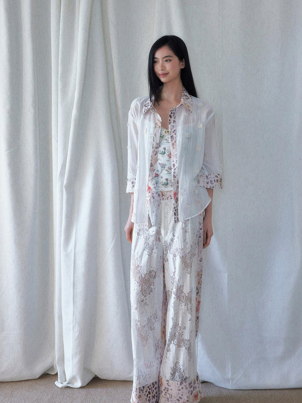 SENSELF Leopard Floral 3d Embroidery Stripe Patchwork White Pink Women's Sheer Shirts