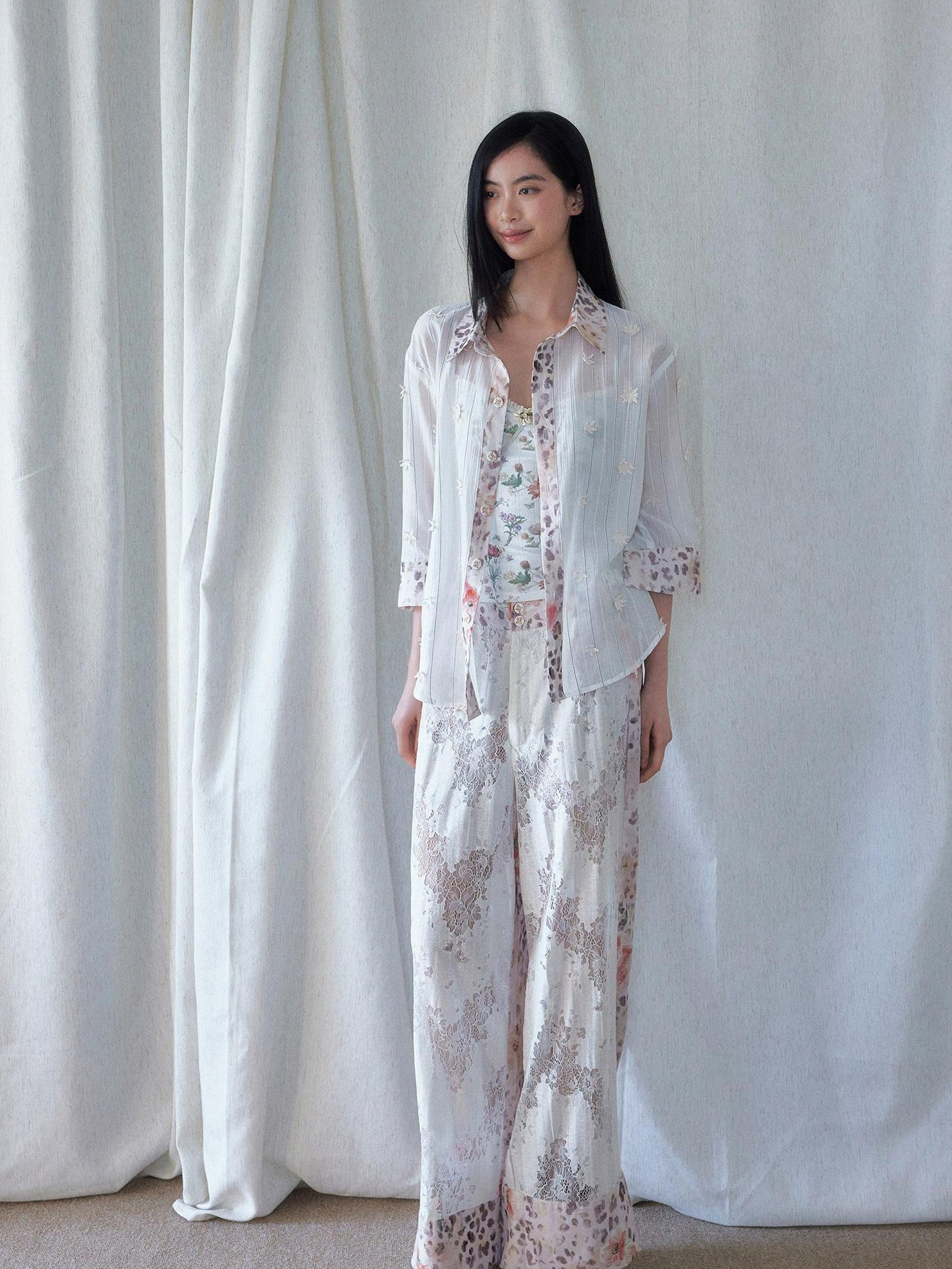SENSELF Leopard Floral 3d Embroidery Stripe Patchwork White Pink Women's Sheer Shirts