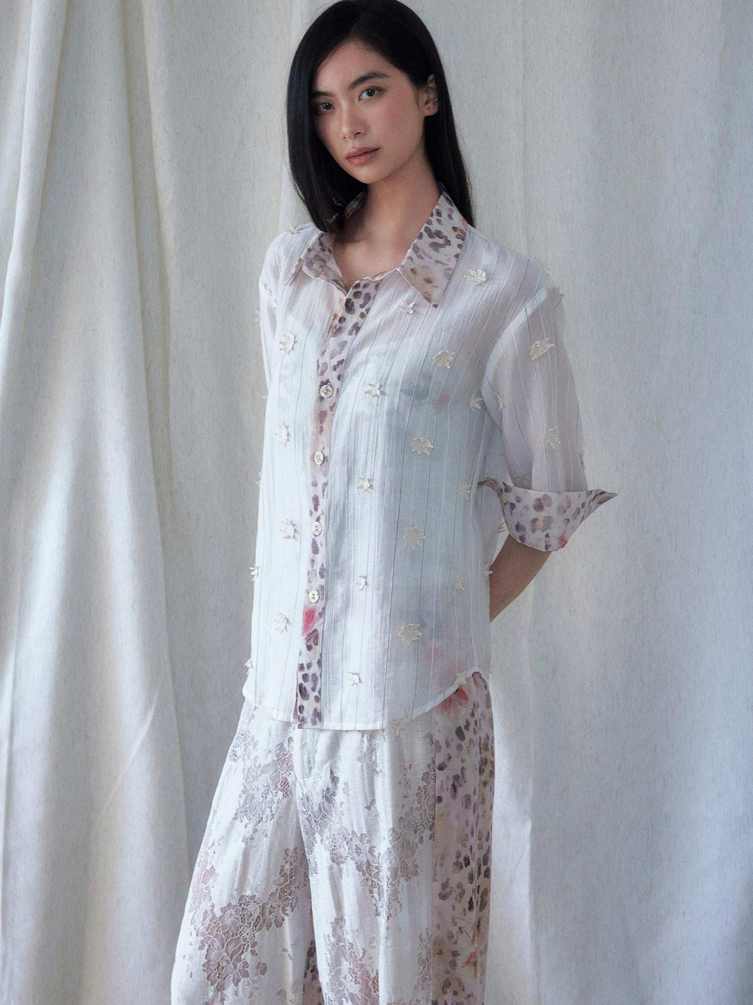 SENSELF Leopard Floral 3d Embroidery Stripe Patchwork White Pink Women's Sheer Shirts