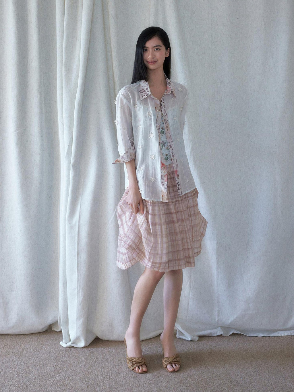 SENSELF Leopard Floral 3d Embroidery Stripe Patchwork White Pink Women's Sheer Shirts