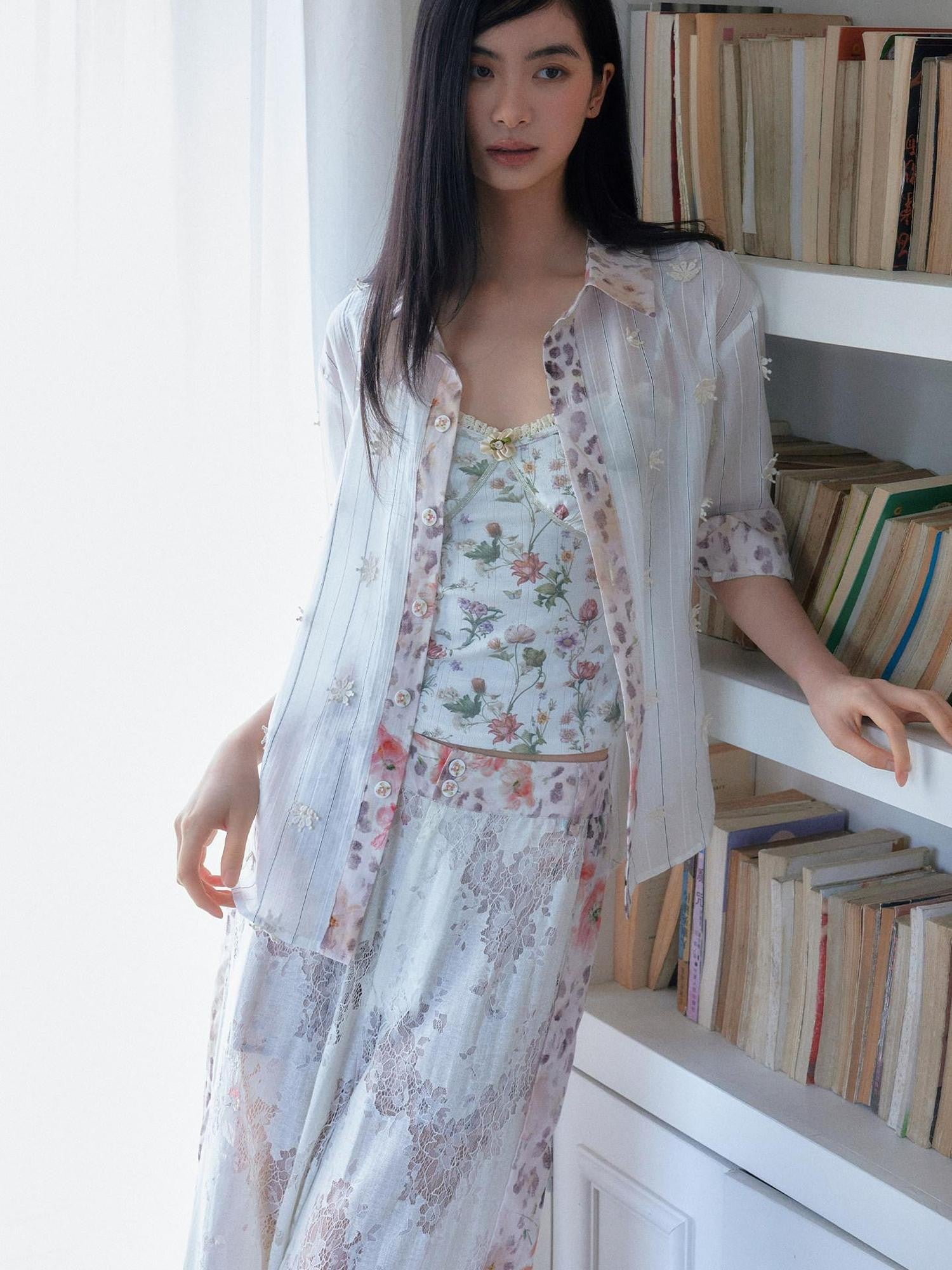 SENSELF Leopard Floral 3d Embroidery Stripe Patchwork White Pink Women's Sheer Shirts