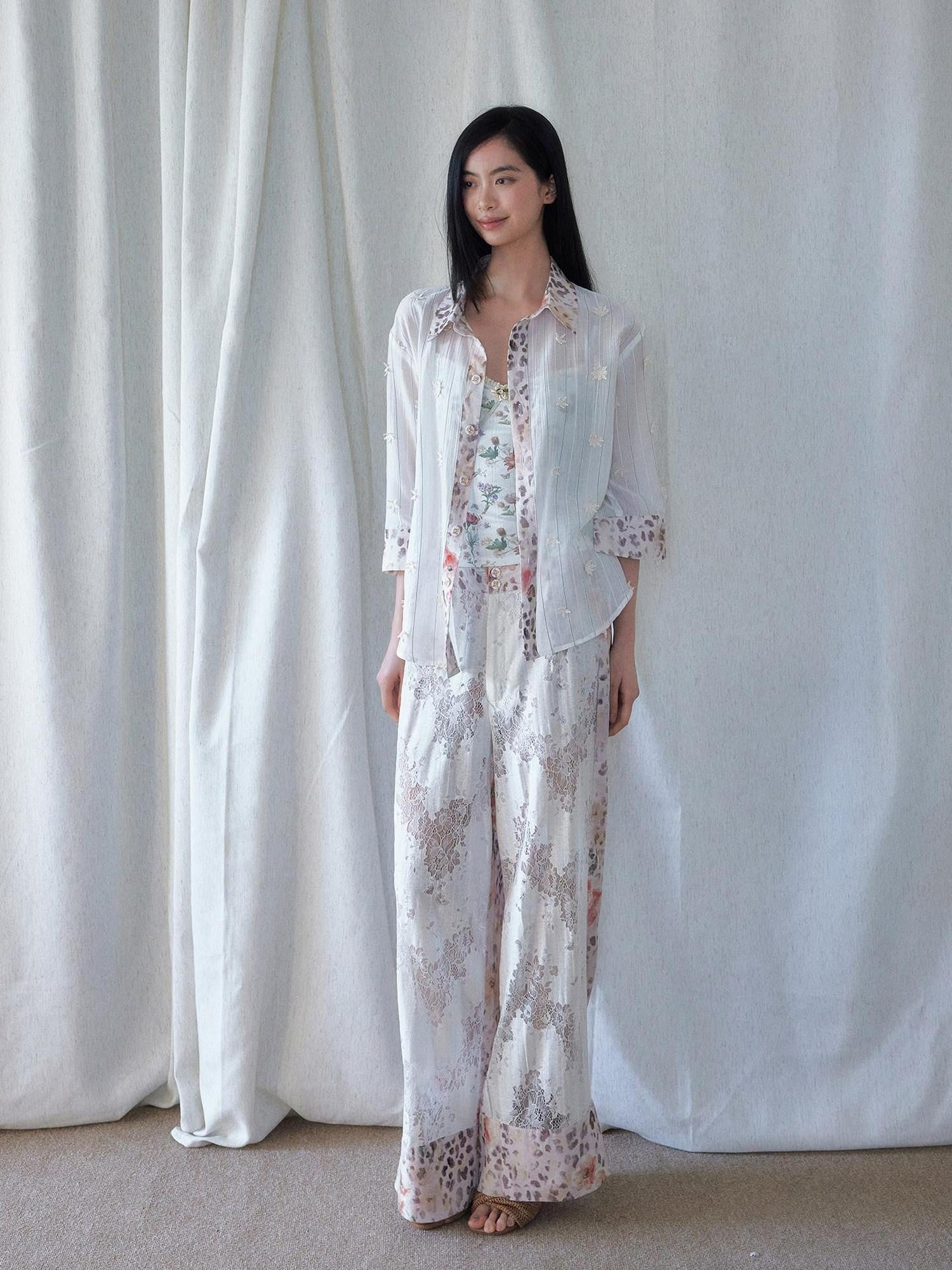SENSELF Leopard Floral 3d Embroidery Stripe Patchwork White Pink Women's Sheer Shirts