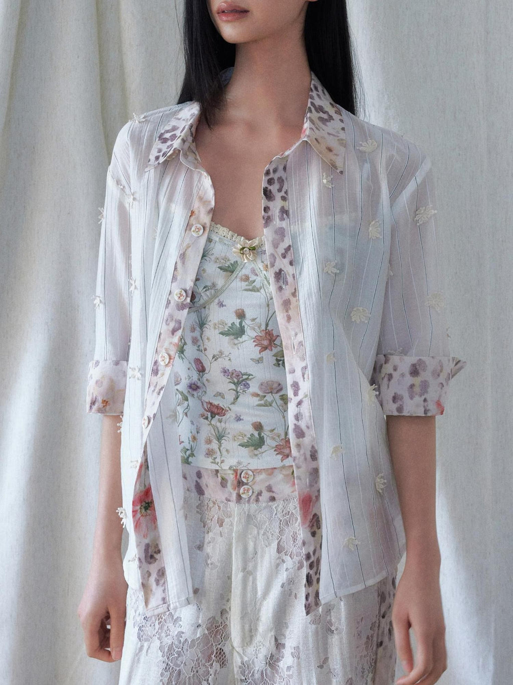 SENSELF Leopard Floral 3d Embroidery Stripe Patchwork White Pink Women's Sheer Shirts