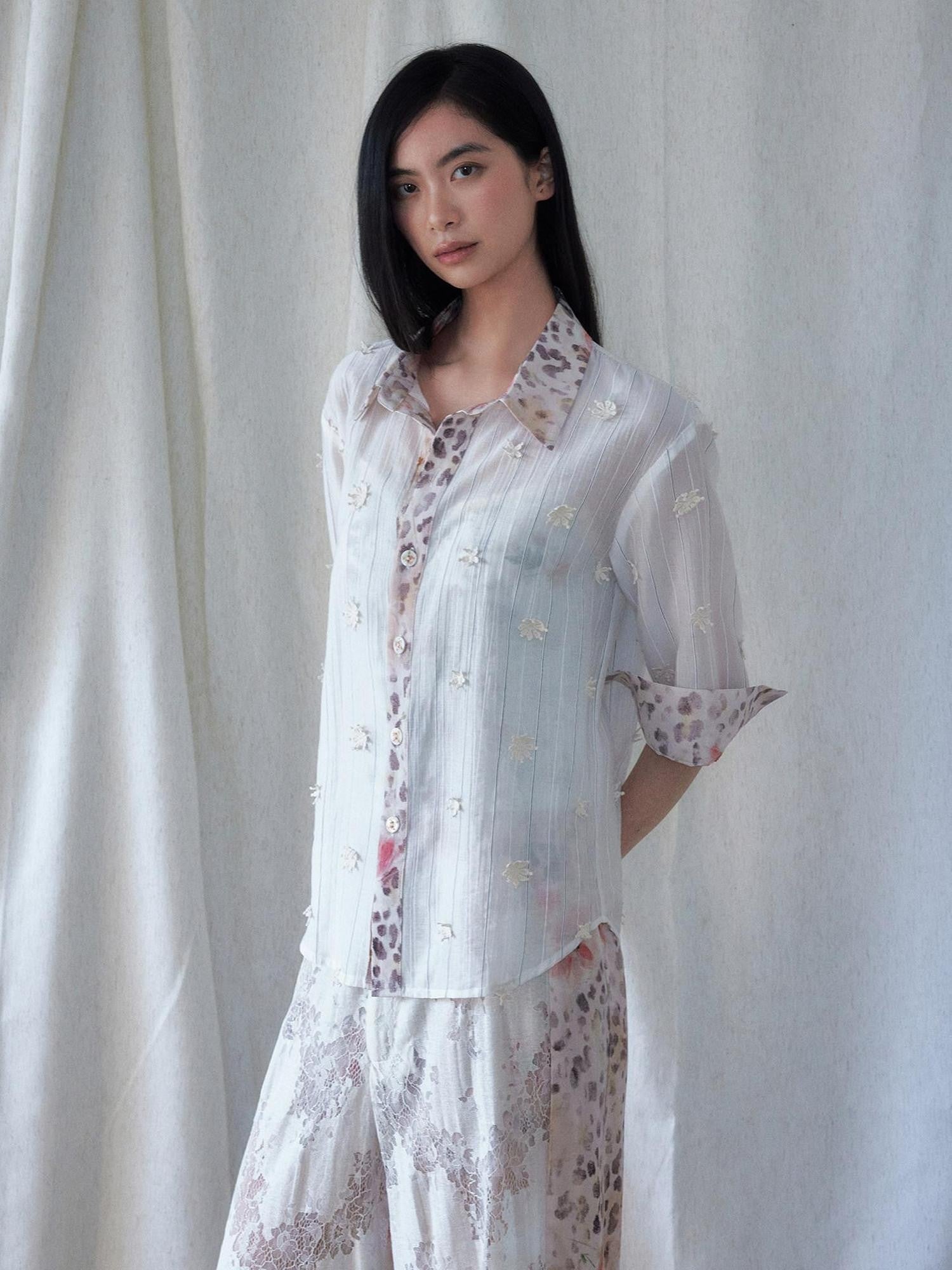 SENSELF Leopard Floral 3d Embroidery Stripe Patchwork White Pink Women's Sheer Shirts