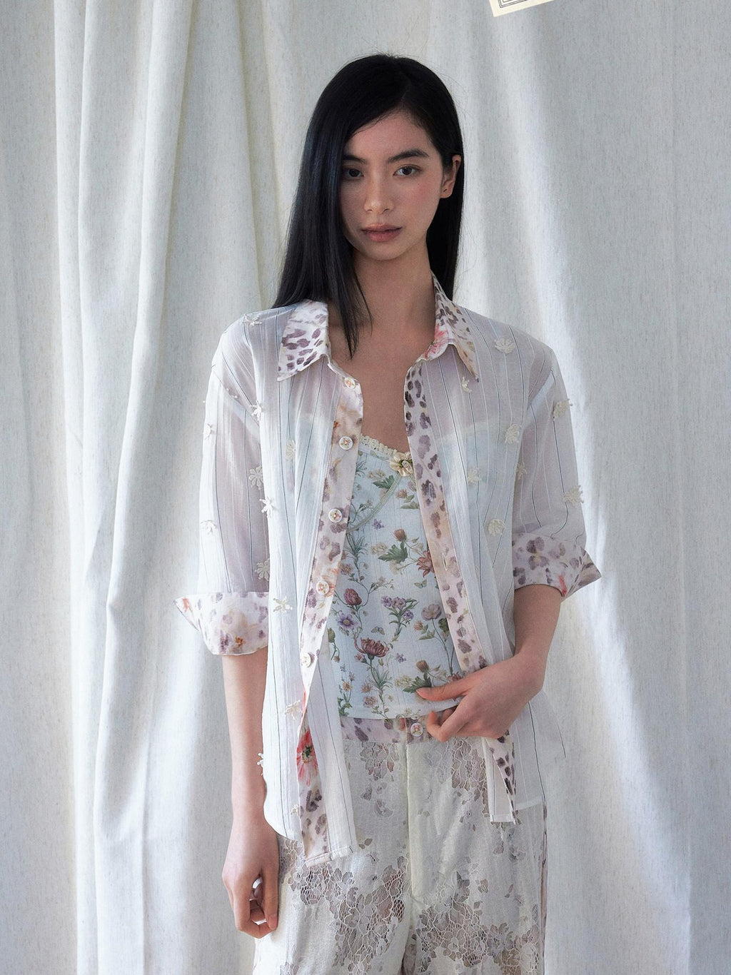 SENSELF Leopard Floral 3d Embroidery Stripe Patchwork White Pink Women's Sheer Shirts