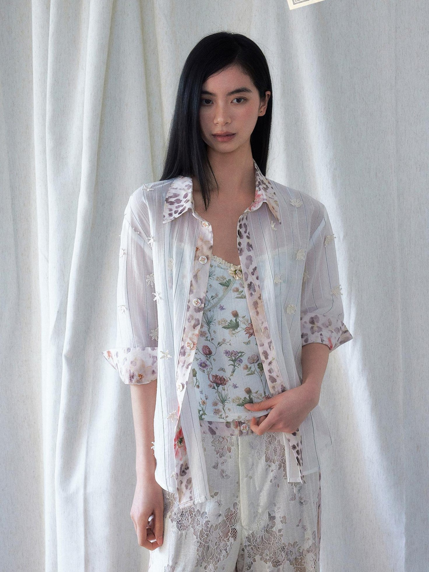SENSELF Leopard Floral 3d Embroidery Stripe Patchwork White Pink Women's Sheer Shirts