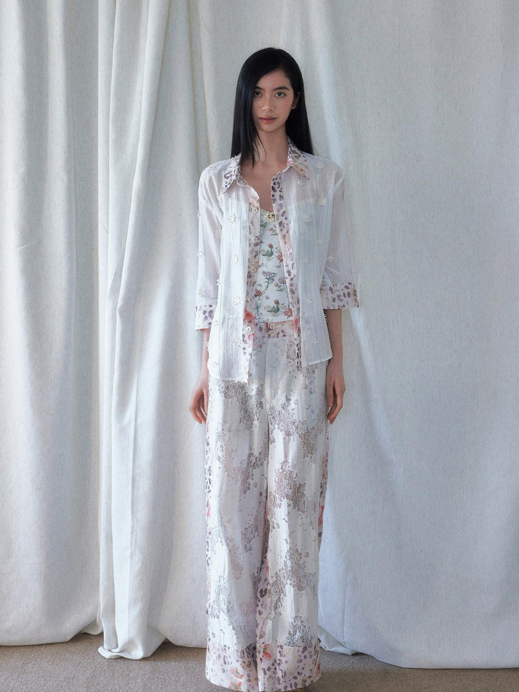 SENSELF Leopard Floral 3d Embroidery Stripe Patchwork White Pink Women's Sheer Shirts