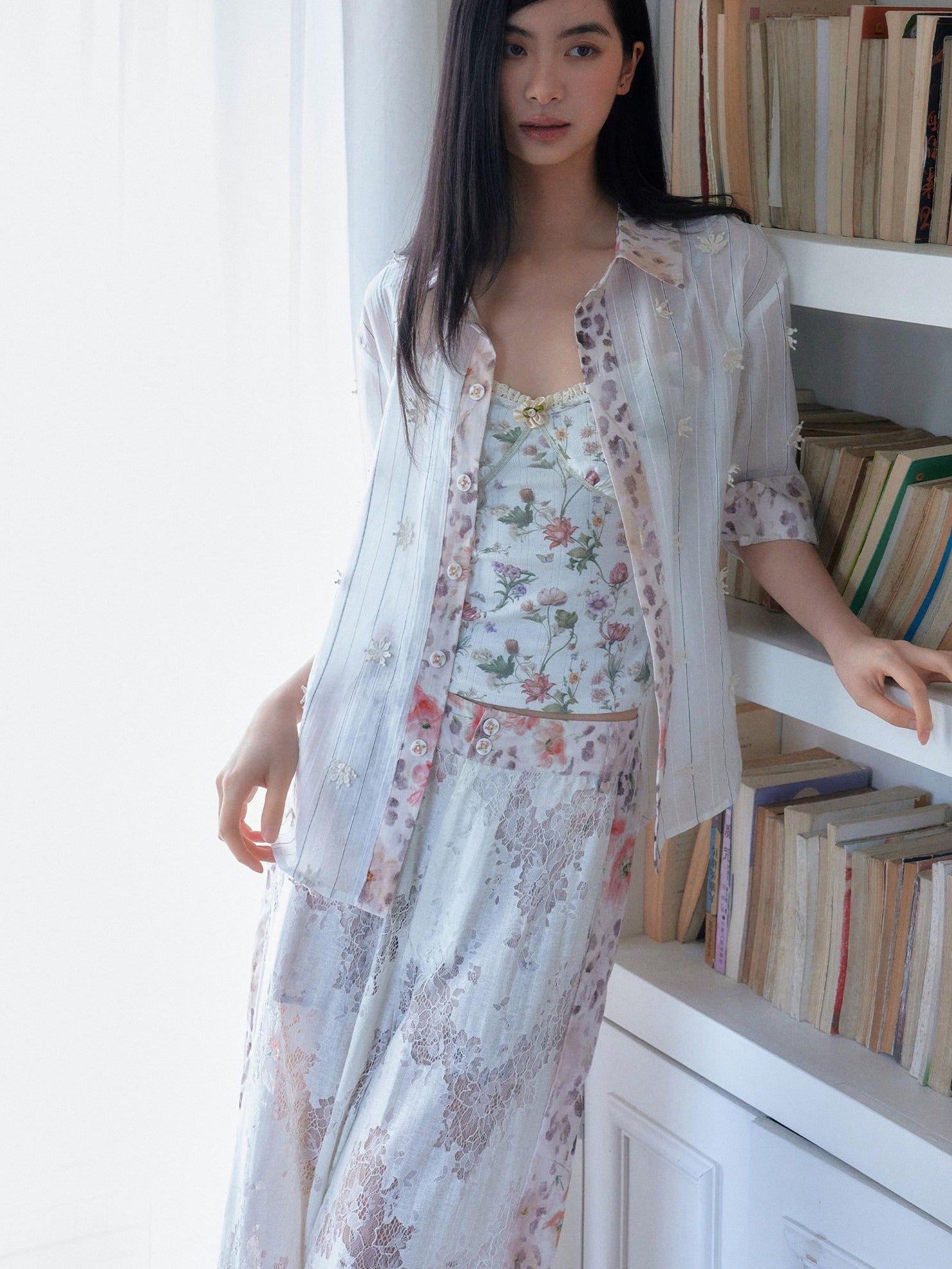 SENSELF Leopard Floral 3d Embroidery Stripe Patchwork White Pink Women's Sheer Shirts