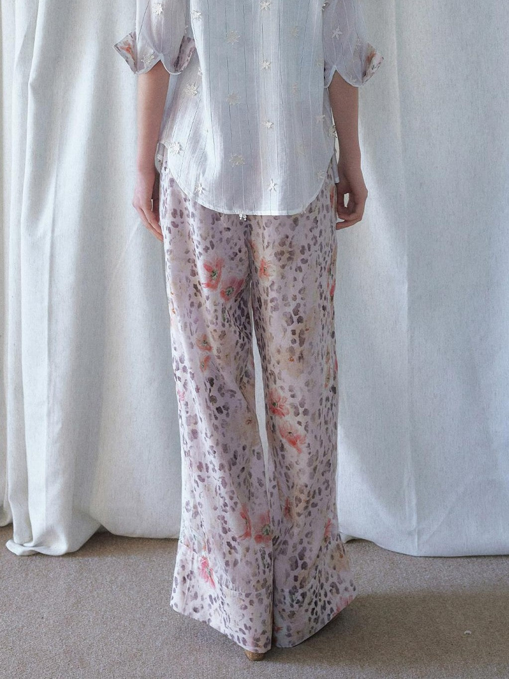 SENSELF Leopard Floral 3d Embroidery Stripe Patchwork White Pink Women's Sheer Shirts