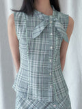 SENSELF_Mint_Blue_Vintage_Plaid_Sleeveless_Asymmetrical_Placket_Waist_Women's_Shirts_1051902321829_MISSTT