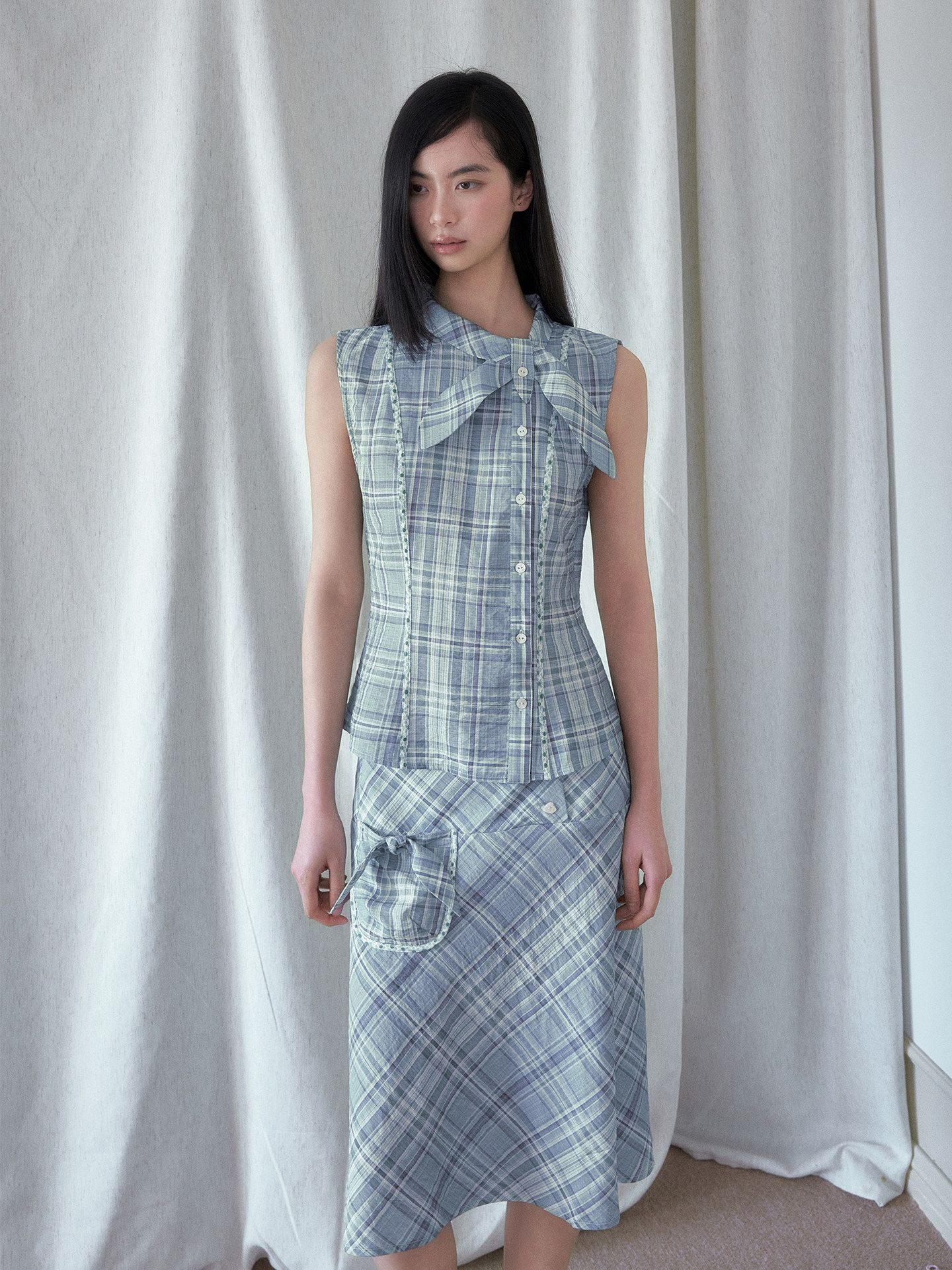 SENSELF_Mint_Blue_Vintage_Plaid_Sleeveless_Asymmetrical_Placket_Waist_Women's_Shirts_1051902321829_MISSTT