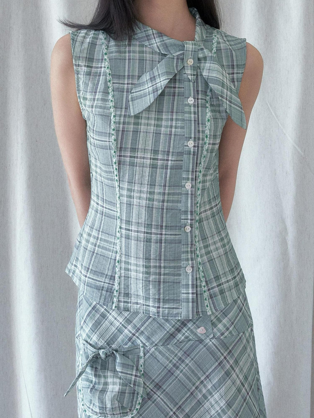 SENSELF Mint Blue Vintage Plaid Sleeveless Asymmetrical Placket Waist Women's Shirts