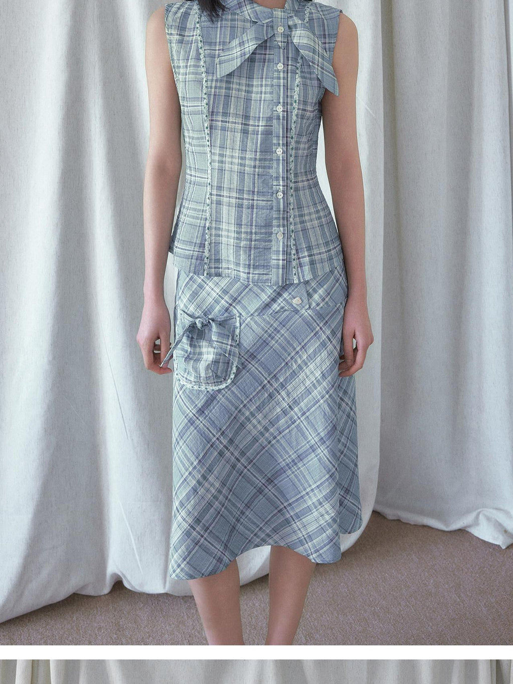 SENSELF Mint Blue Vintage Plaid Sleeveless Asymmetrical Placket Waist Women's Shirts