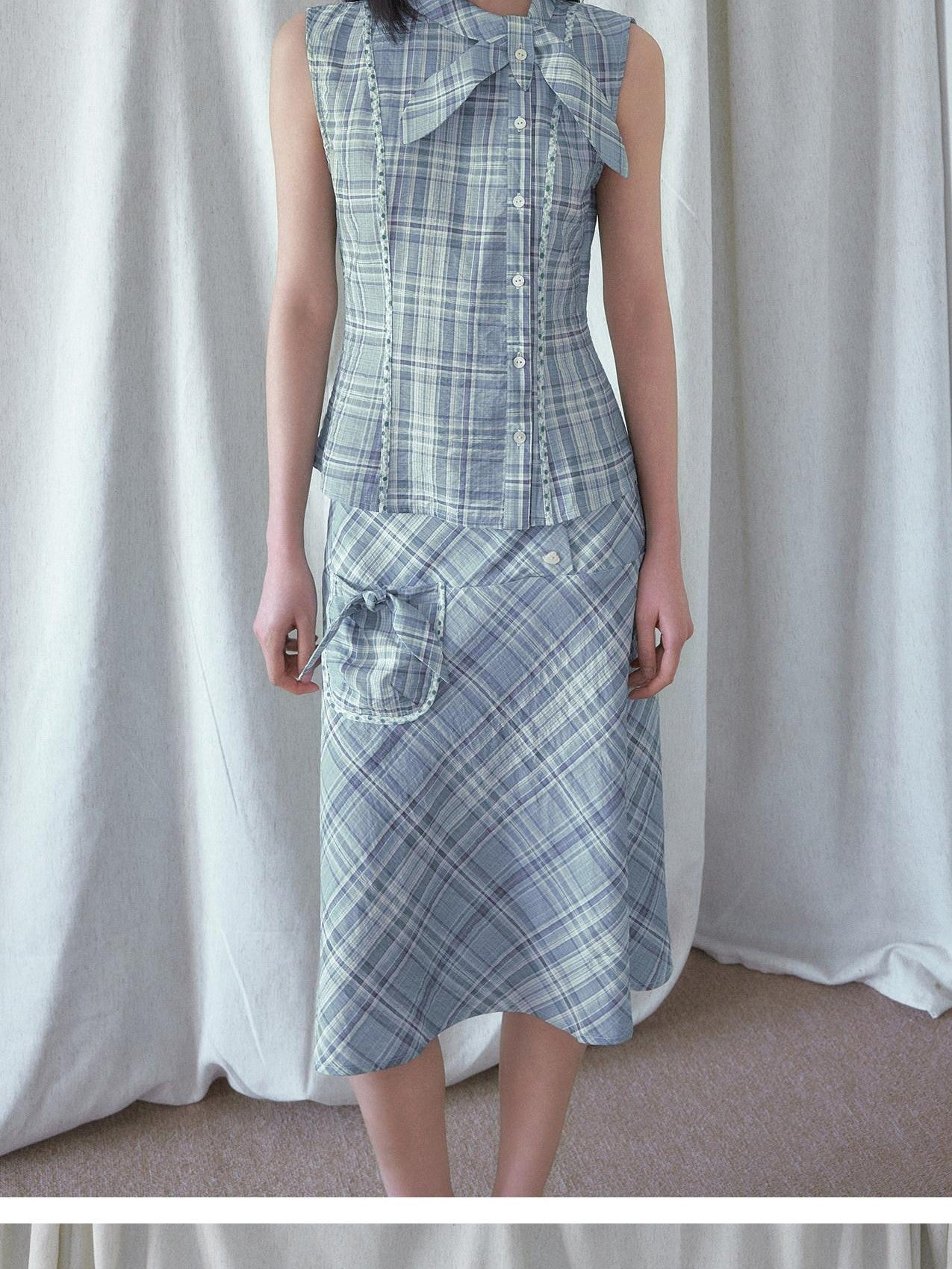 SENSELF Mint Blue Vintage Plaid Sleeveless Asymmetrical Placket Waist Women's Shirts