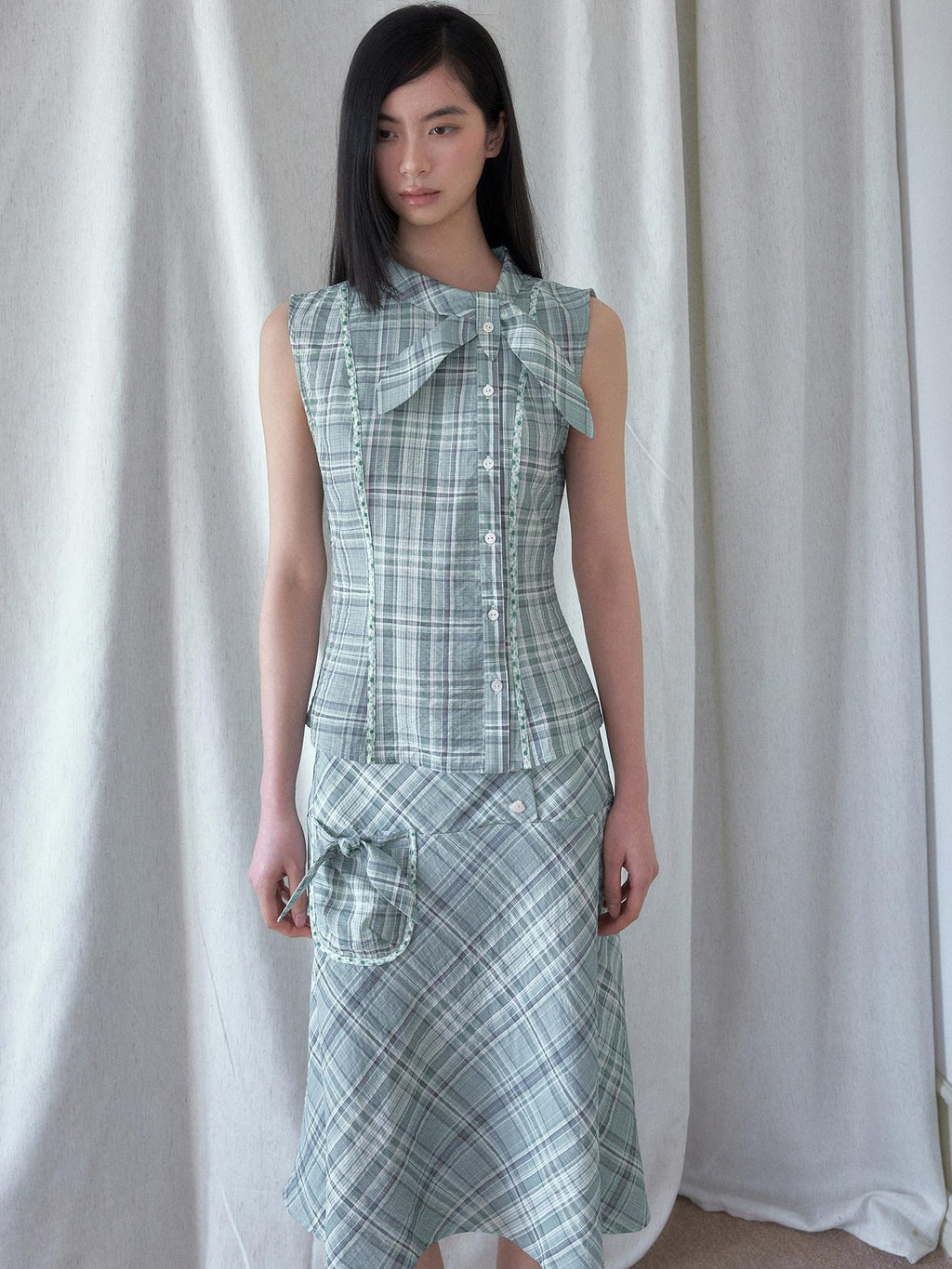 SENSELF Mint Blue Vintage Plaid Sleeveless Asymmetrical Placket Waist Women's Shirts
