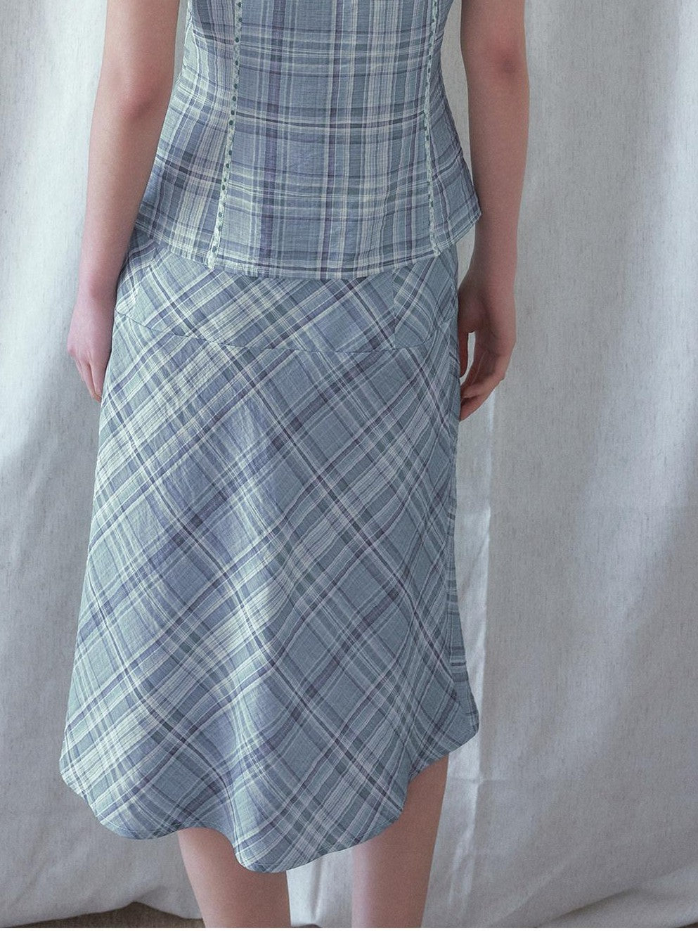 SENSELF Mint Blue Vintage Plaid Sleeveless Asymmetrical Placket Waist Women's Shirts