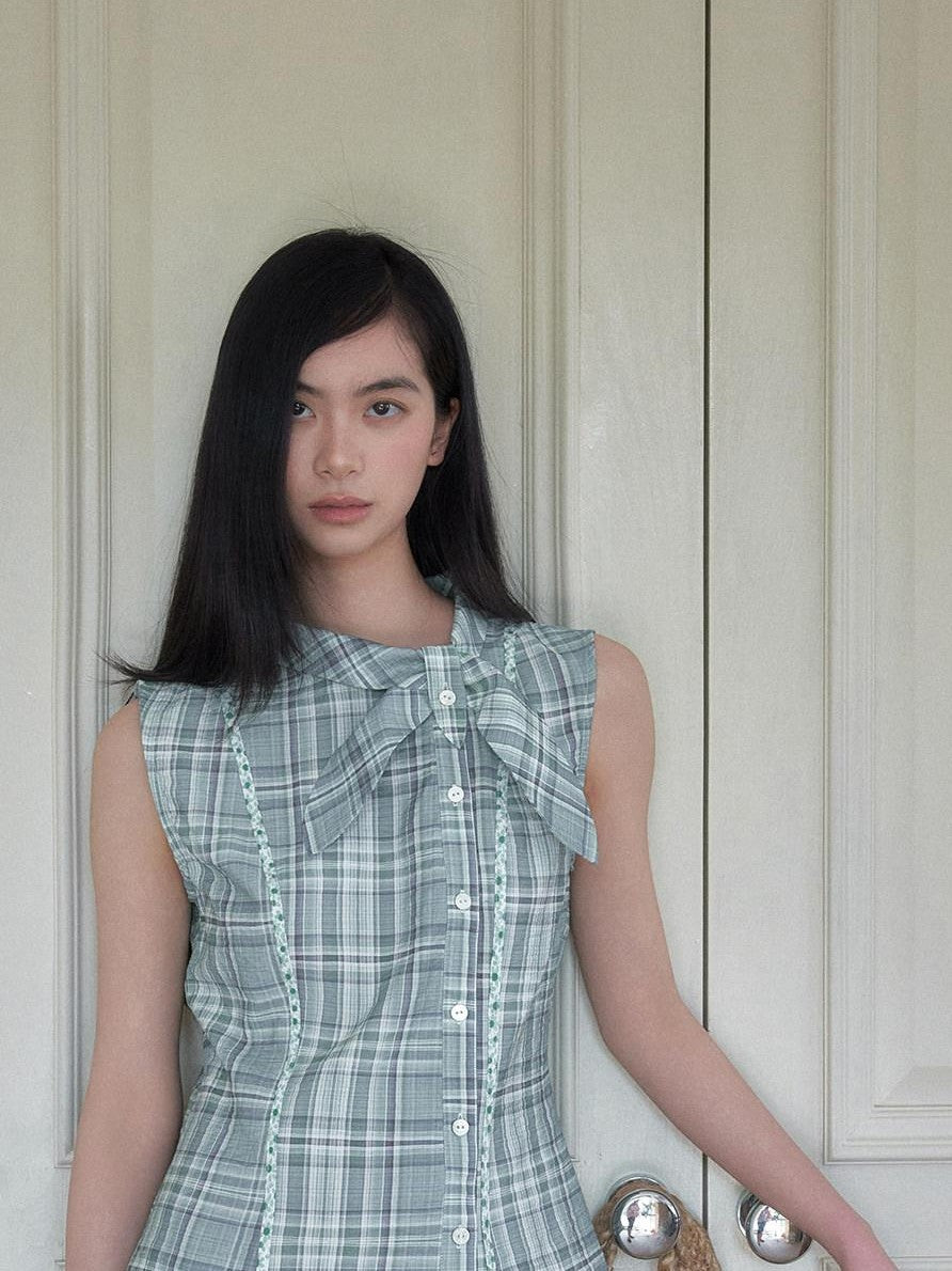 SENSELF Mint Blue Vintage Plaid Sleeveless Asymmetrical Placket Waist Women's Shirts