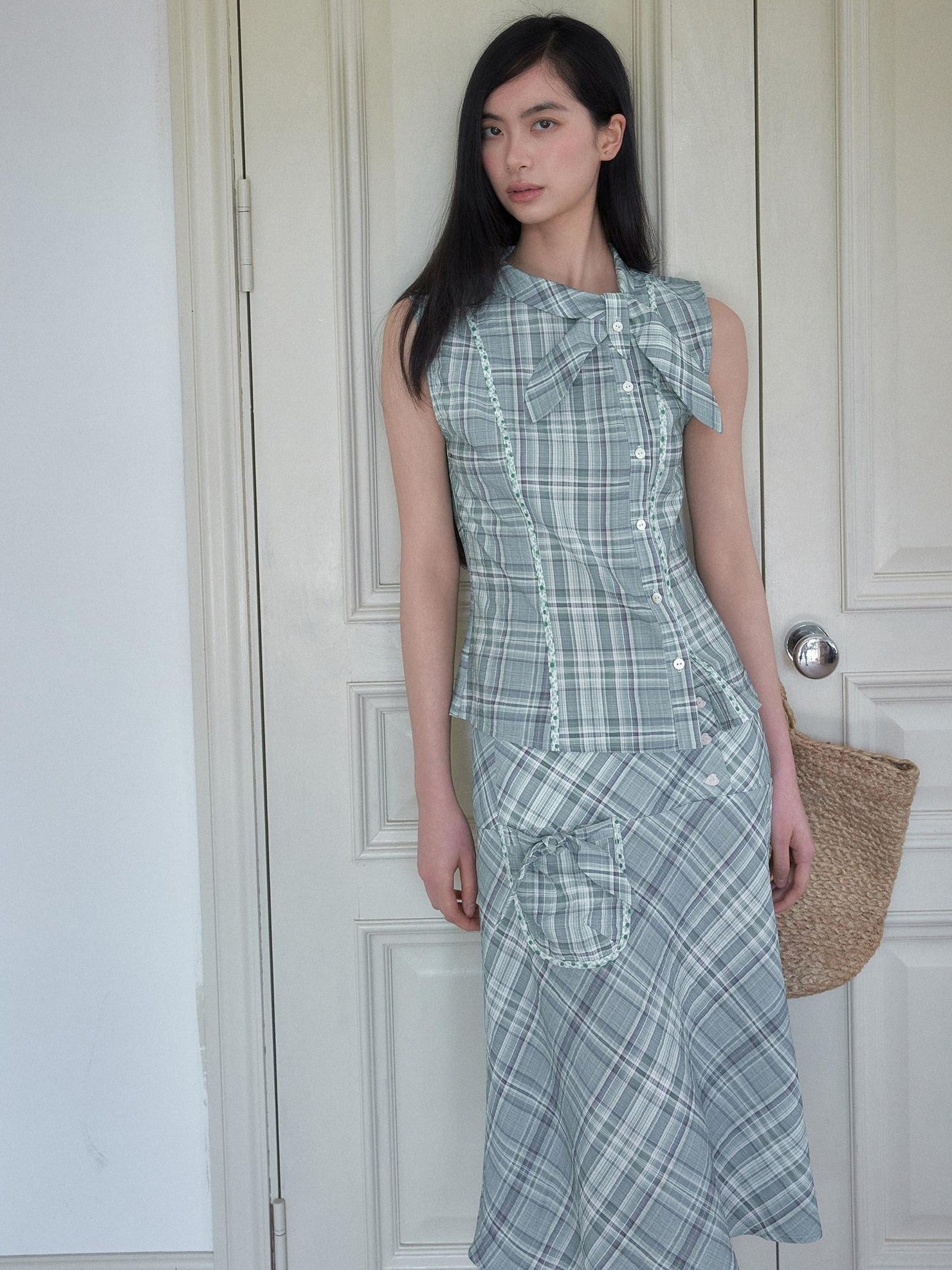 SENSELF Mint Blue Vintage Plaid Sleeveless Asymmetrical Placket Waist Women's Shirts