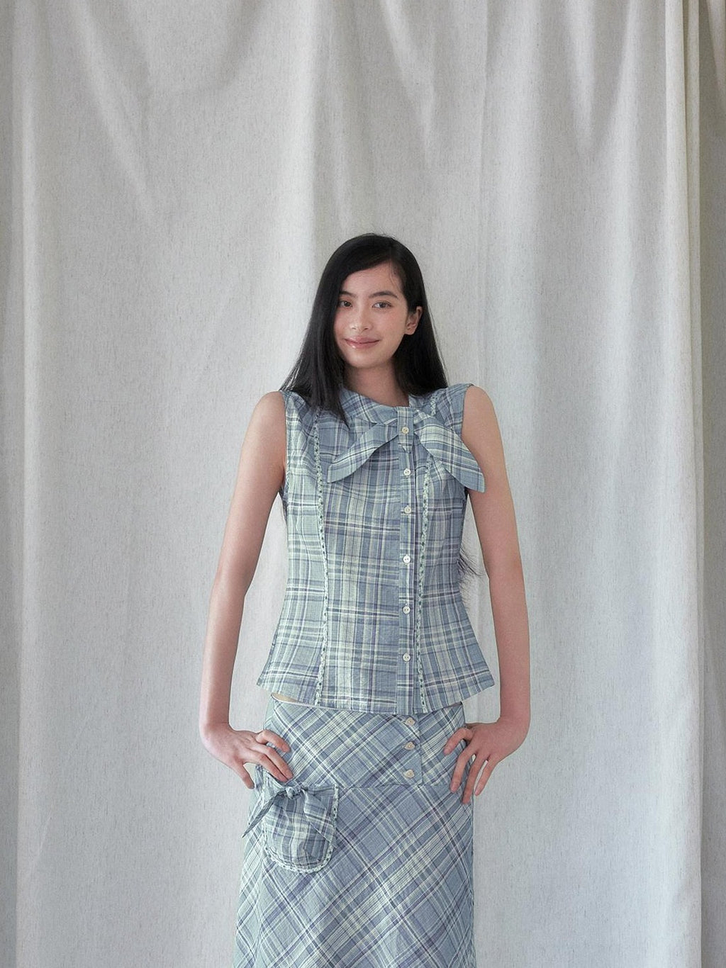 SENSELF Mint Blue Vintage Plaid Sleeveless Asymmetrical Placket Waist Women's Shirts