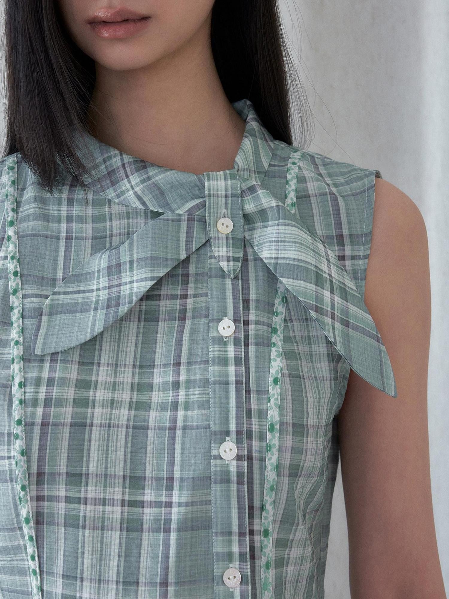 SENSELF Mint Blue Vintage Plaid Sleeveless Asymmetrical Placket Waist Women's Shirts