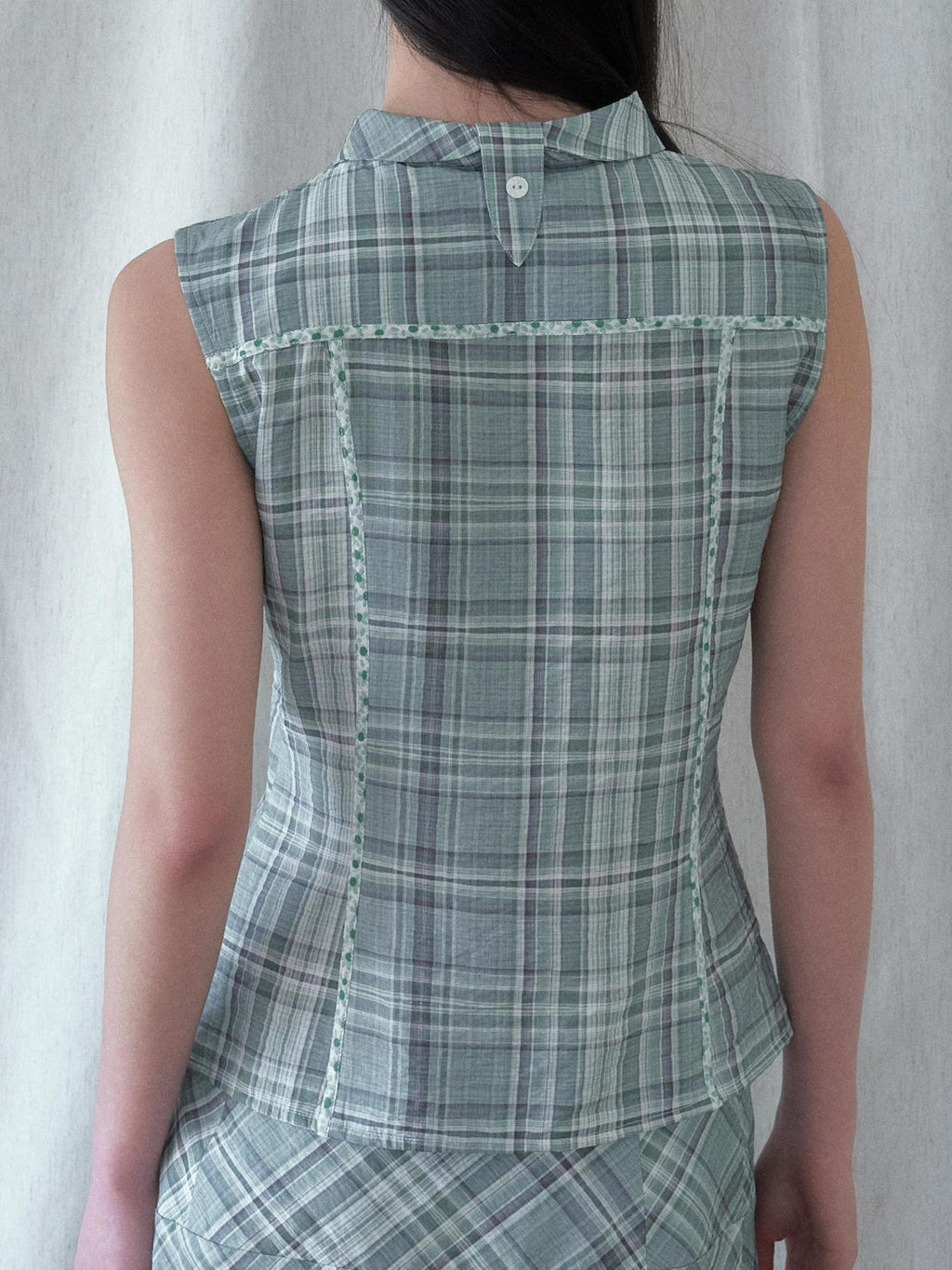 SENSELF Mint Blue Vintage Plaid Sleeveless Asymmetrical Placket Waist Women's Shirts
