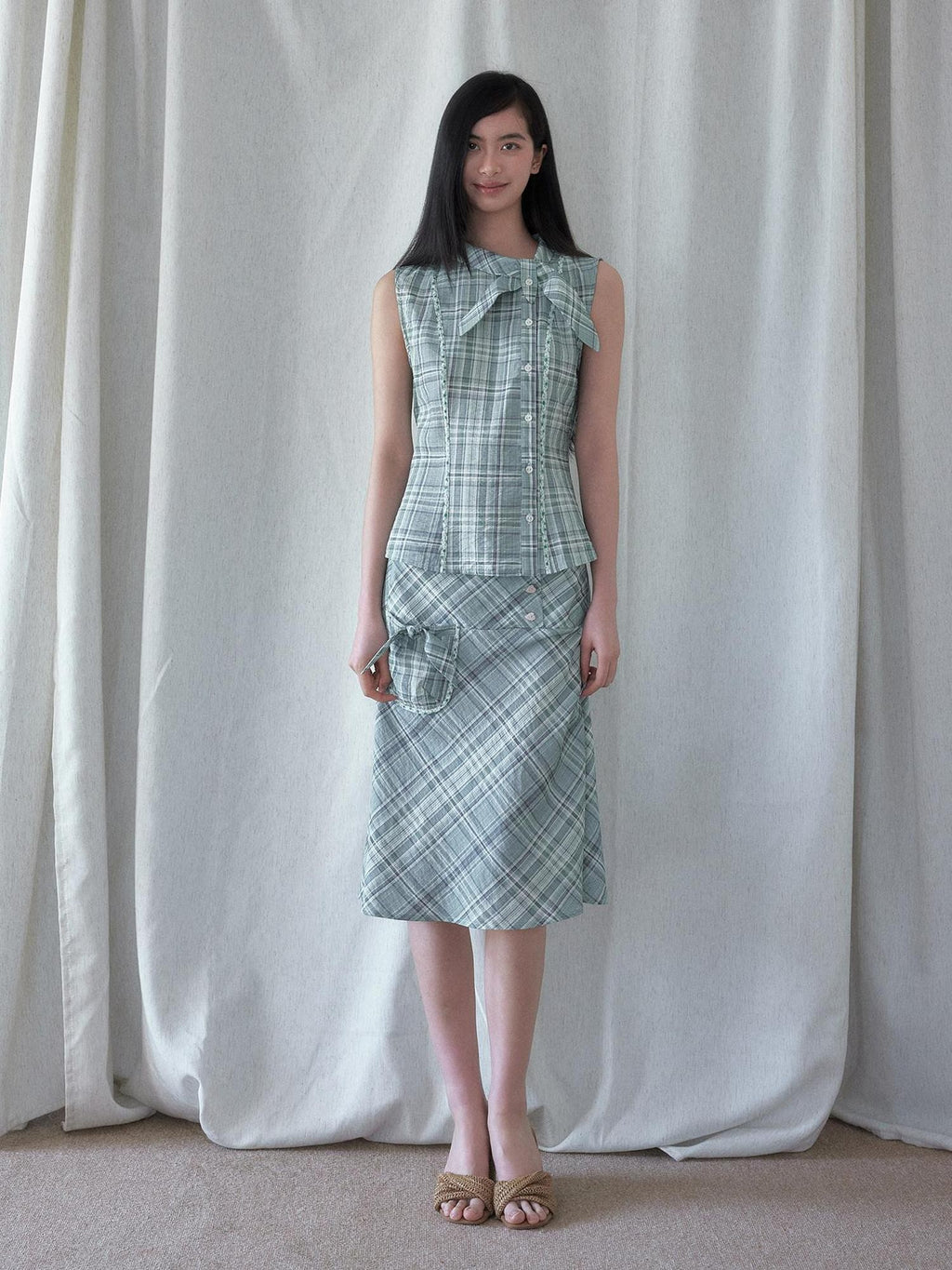 SENSELF Mint Blue Vintage Plaid Sleeveless Asymmetrical Placket Waist Women's Shirts