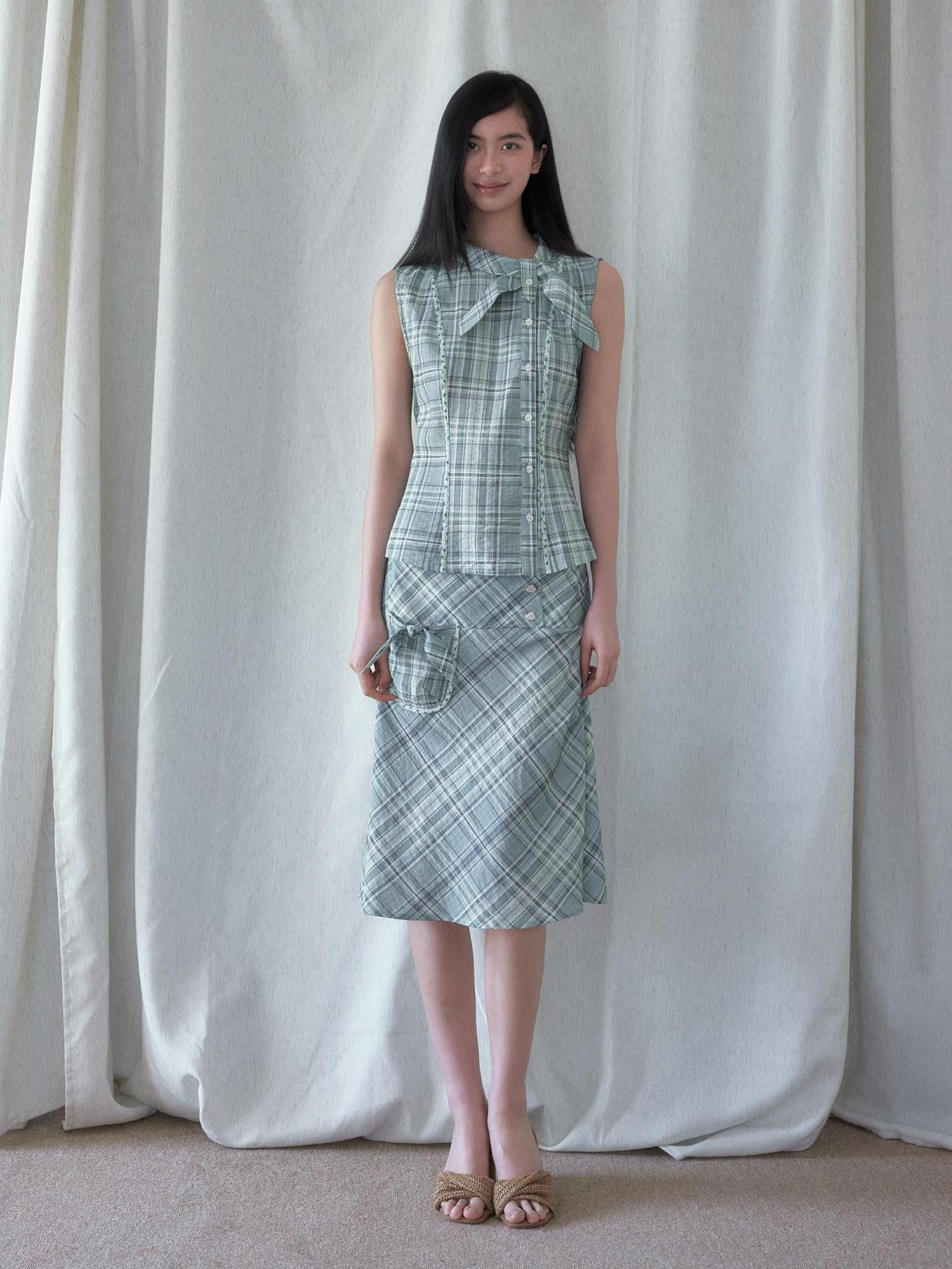SENSELF Mint Blue Vintage Plaid Sleeveless Asymmetrical Placket Waist Women's Shirts
