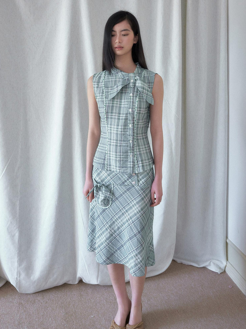 SENSELF Mint Blue Vintage Plaid Sleeveless Asymmetrical Placket Waist Women's Shirts