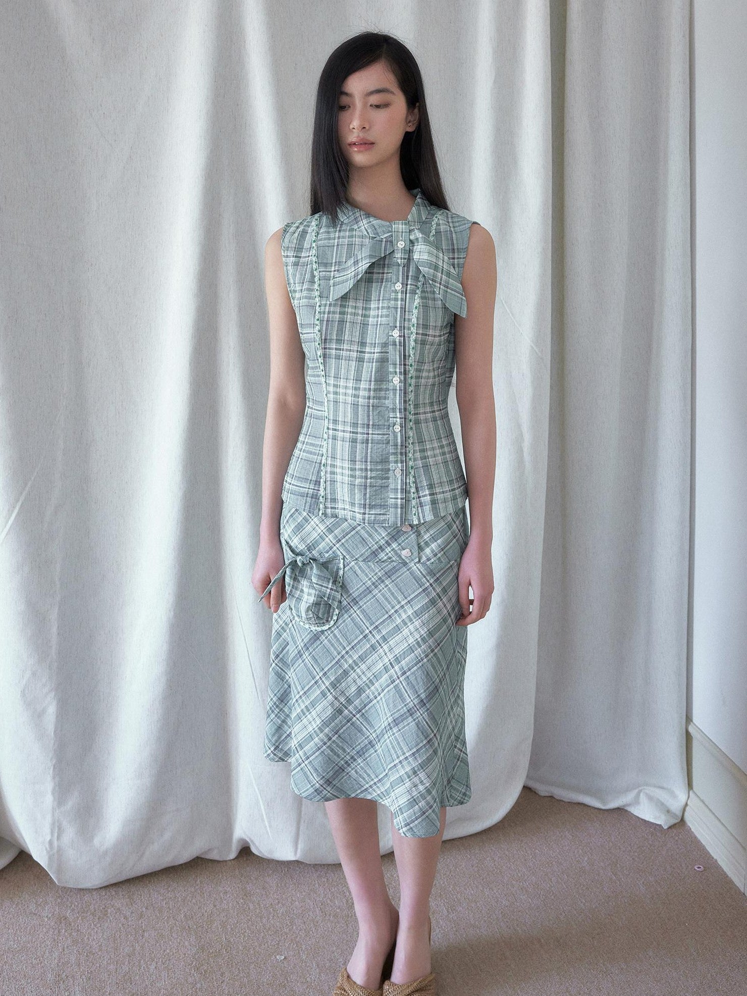 SENSELF Mint Blue Vintage Plaid Sleeveless Asymmetrical Placket Waist Women's Shirts