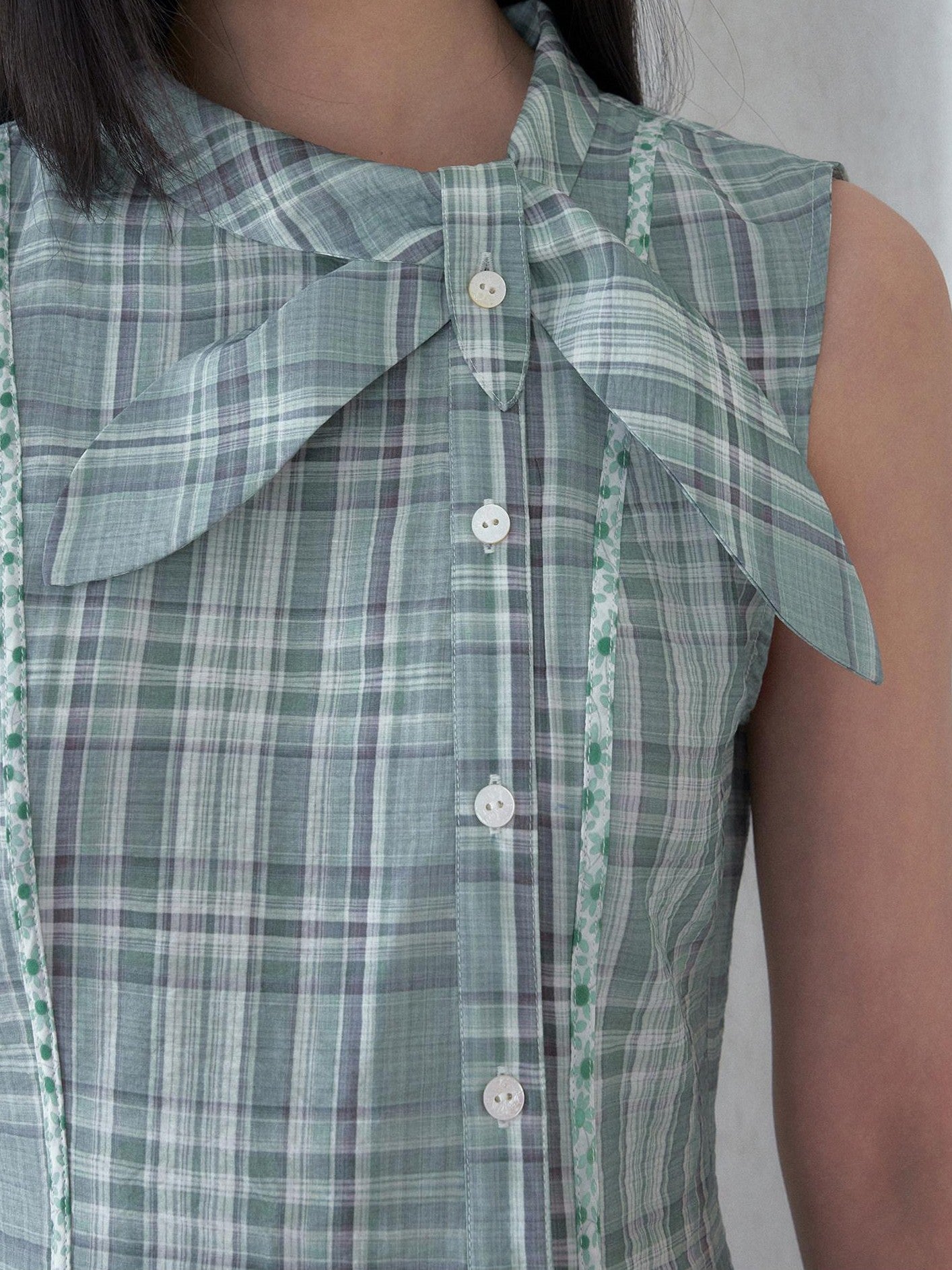 SENSELF Mint Blue Vintage Plaid Sleeveless Asymmetrical Placket Waist Women's Shirts
