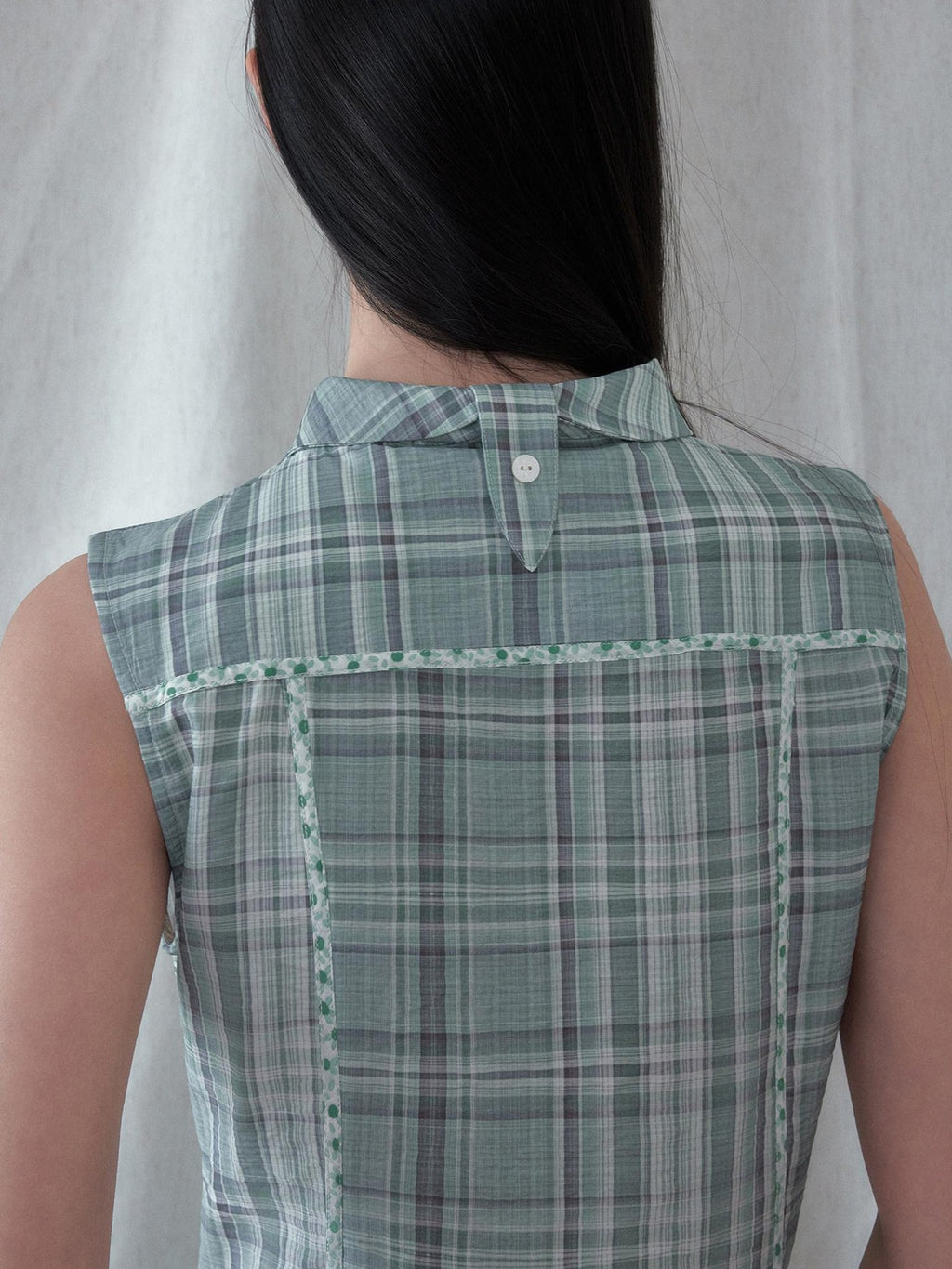SENSELF Mint Blue Vintage Plaid Sleeveless Asymmetrical Placket Waist Women's Shirts