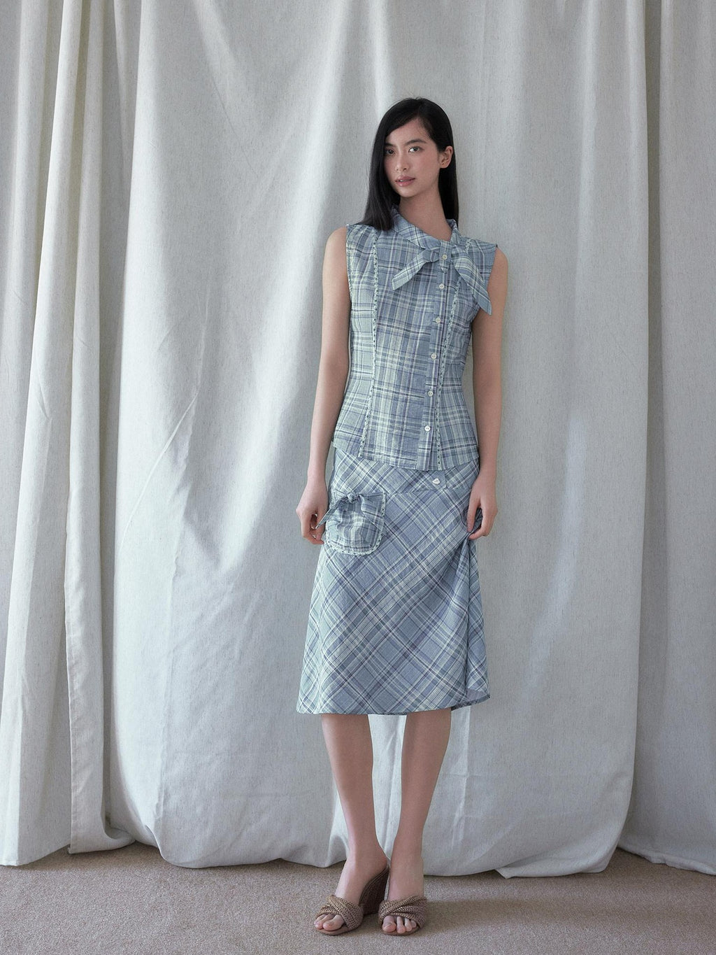 SENSELF Mint Blue Vintage Plaid Sleeveless Asymmetrical Placket Waist Women's Shirts