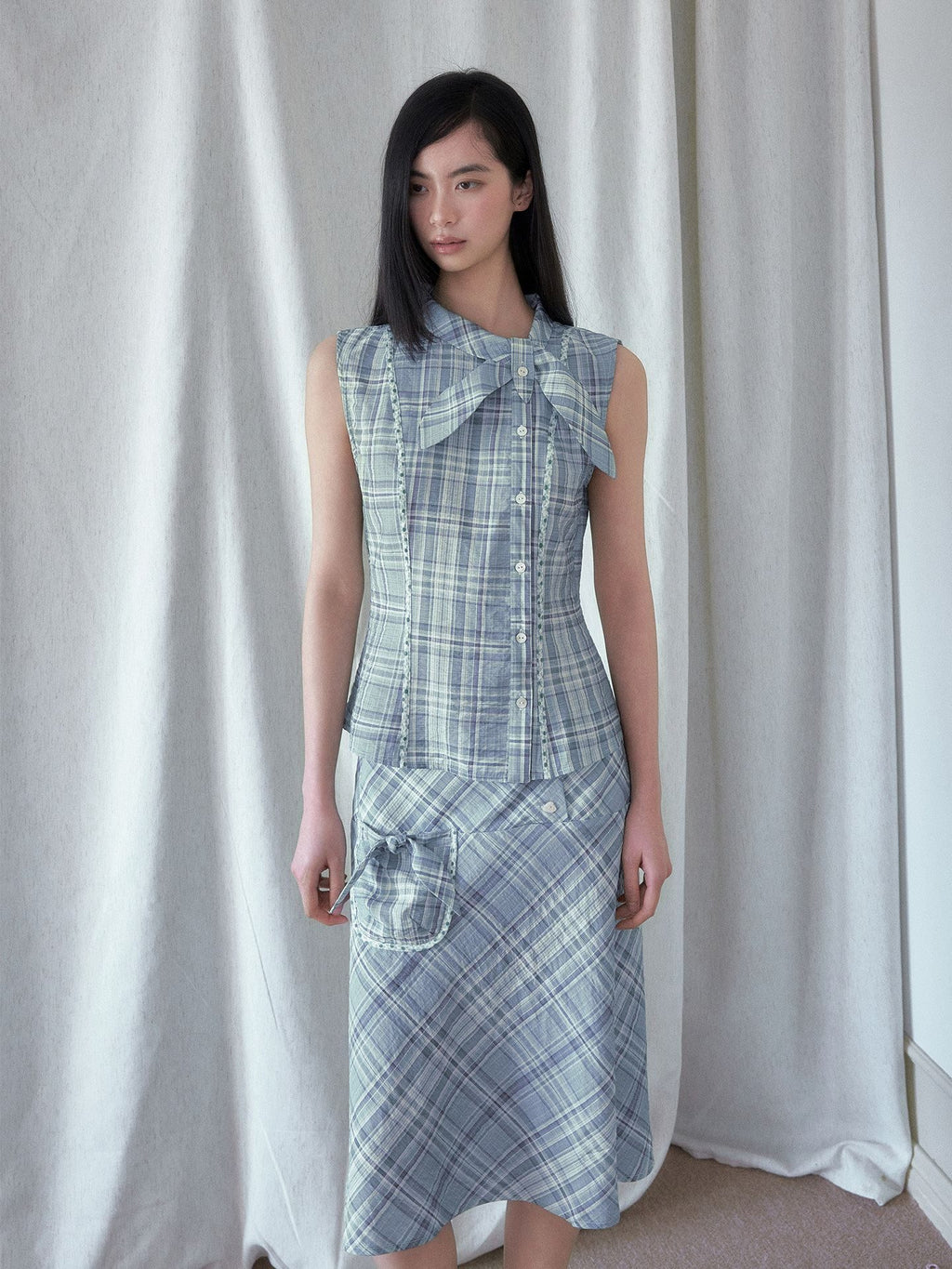 SENSELF_Mint_Green_Blue_Vintage_Plaid_Bias_Cut_Low_Waist_Women's_Mermaid_Skirts_1051899925376_MISSTT